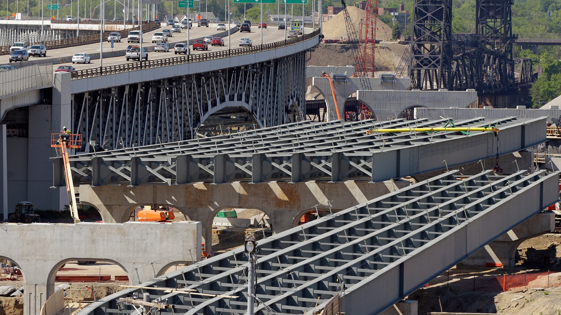 May 17, 2012: The steel skeleton for the eastern end of the new Innerbelt Bridge in Cleveland sits next to the existing span.