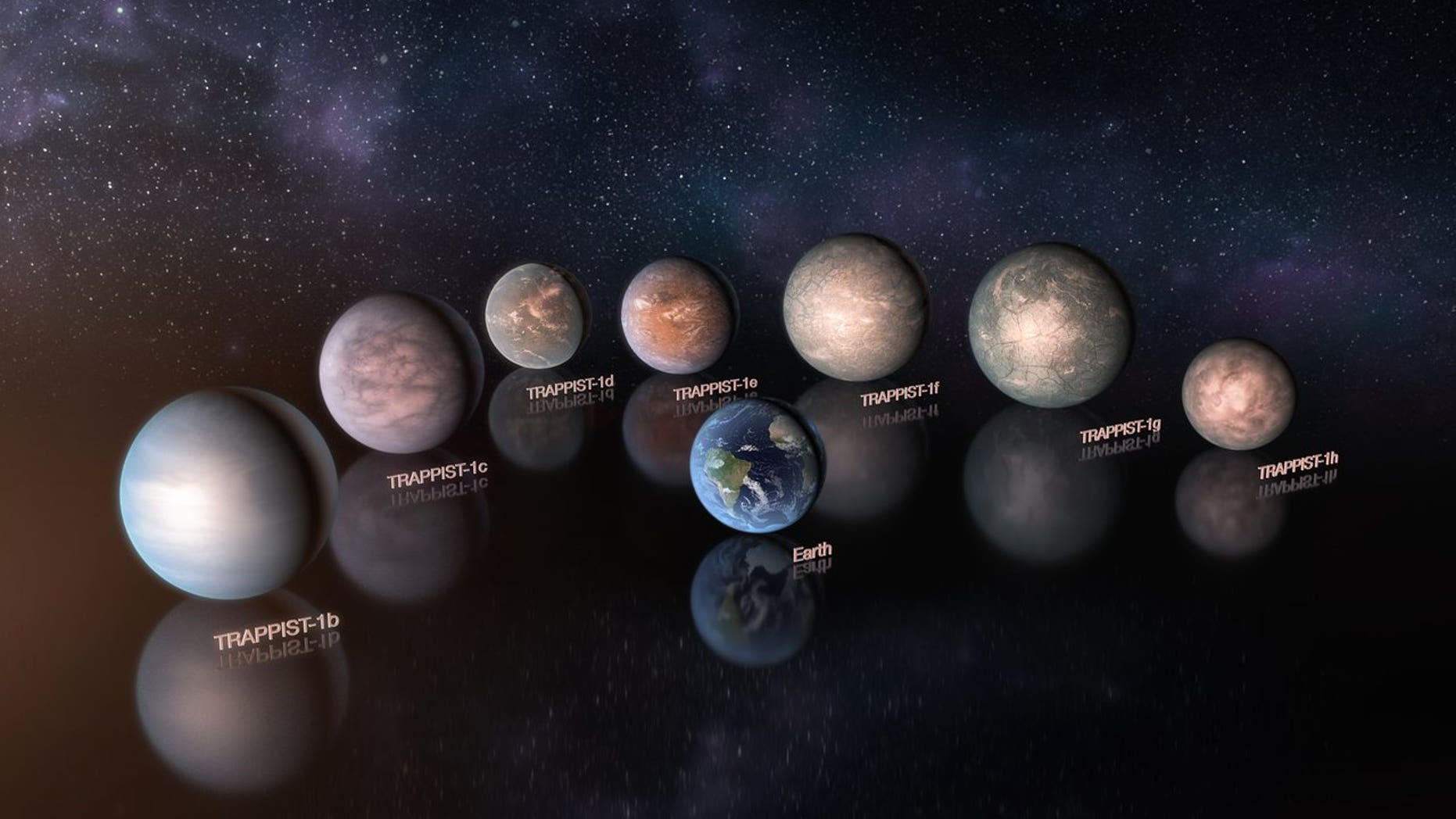An artist's impression of the seven planets of the TRAPPIST-1 system. Most are rich in volatile materials such as water.