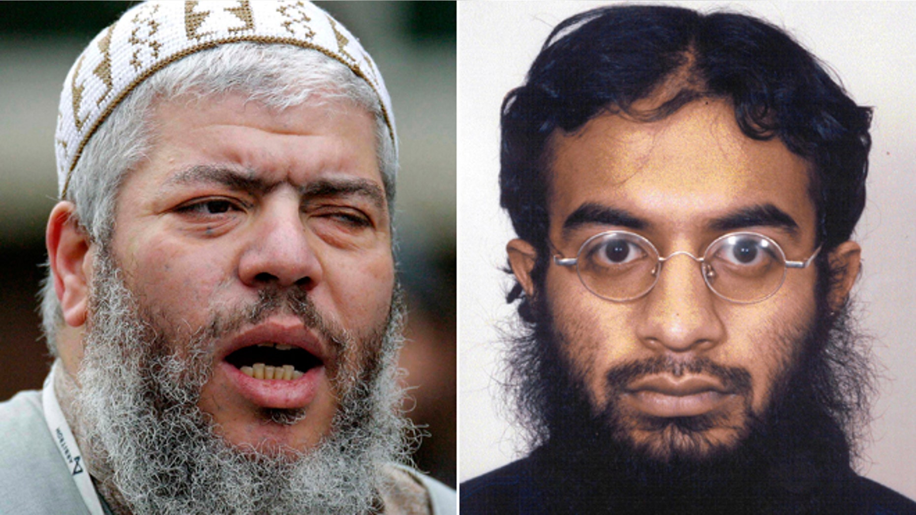 This split photo shows Muslim cleric Abu Hamza al-Masri, left, and Saajid Badat, right.
