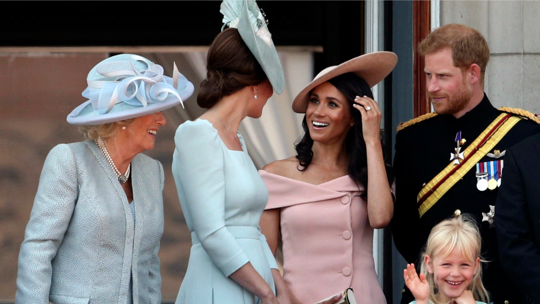From left, Camilla Duchess of Cornwall,Kate Duchess of Cambridge, Meghan Duchess of Sussex and Prince Harry, on the balcony of Buckingham Palace, in central London, following the Trooping the Colour ceremony.