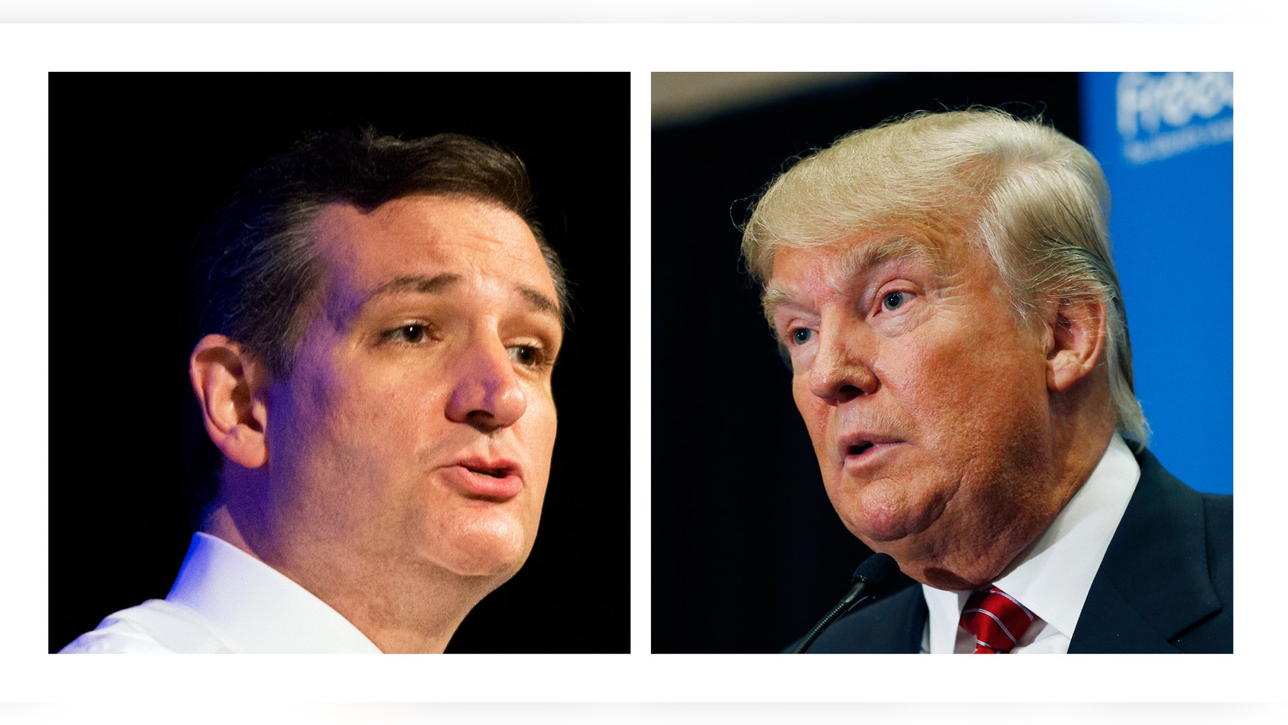 FILE - This two picture combo of file photos shows Republican presidential candidate, Sen. Ted Cruz, R-Texas, left, and Donald Trump. Trump and Cruz are planning to appear together at an upcoming Capitol Hill rally against the proposed nuclear deal with Iran. Trump announced the event during an appearance Thursday in South Carolina, saying it would be "in the next few weeks." (AP Photo/File)