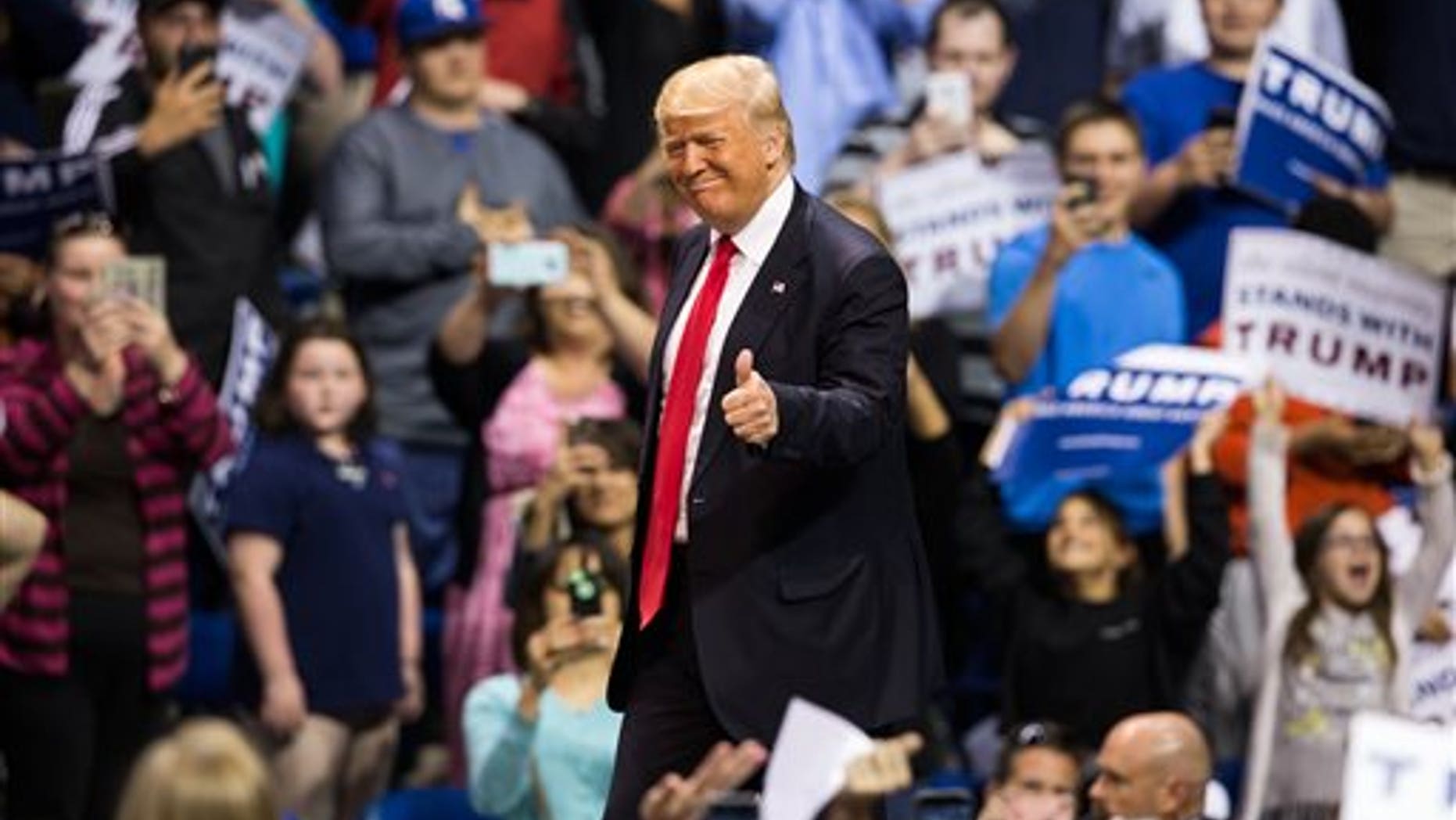 Republican presidential candidate, Donald Trump takes the stage during a campaign rally Monday, April 25, 2016, in Wilkes-Barre, Pa. (Christopher Dolan/The Times & Tribune via AP) WILKES BARRE TIMES-LEADER OUT; MANDATORY CREDIT