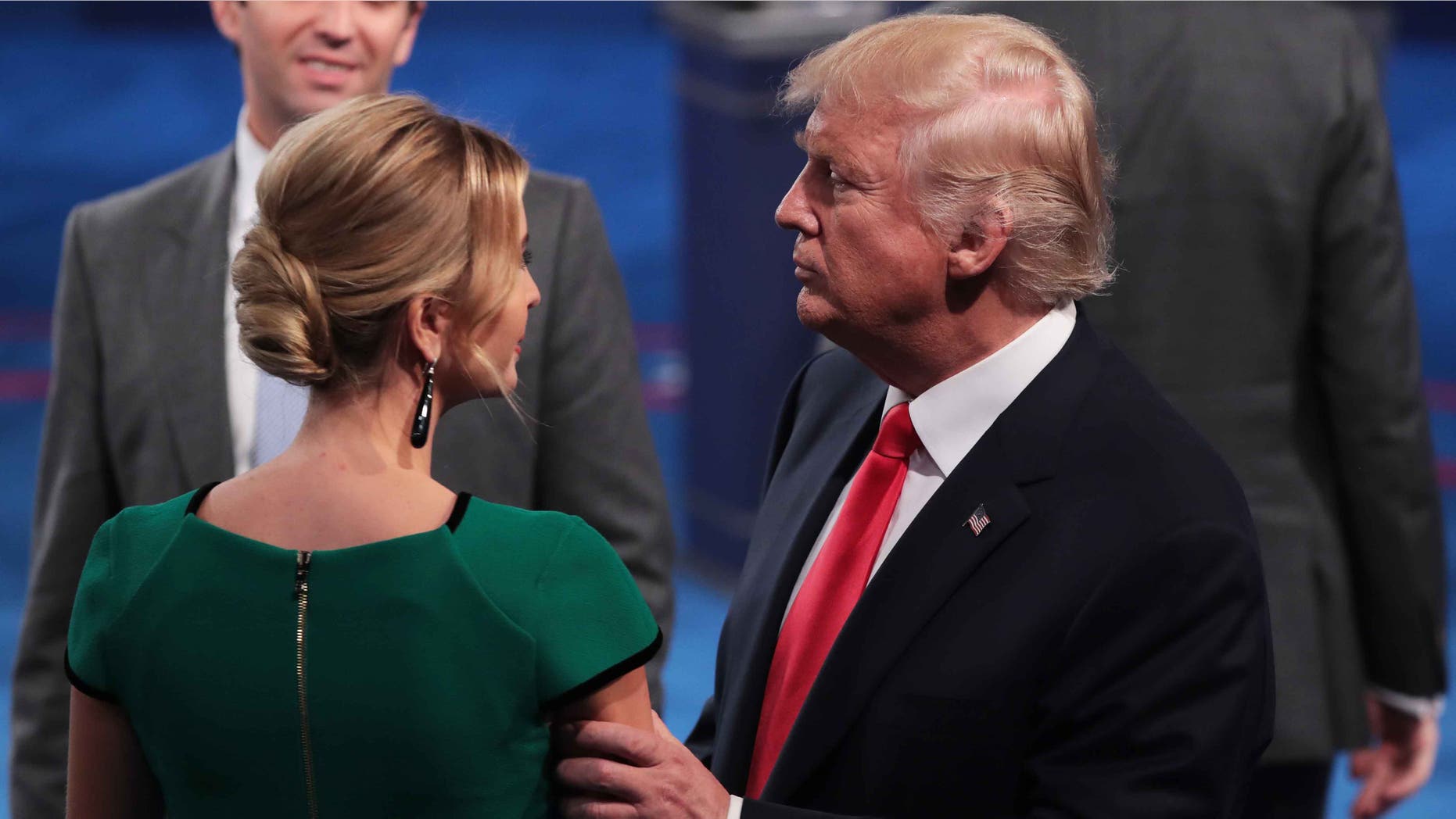 ST LOUIS, MO - OCTOBER 09: Republican presidential nominee Donald Trump (R) greets his daughter Ivanka Trump after the town hall debate at Washington University on October 9, 2016 in St Louis, Missouri. This is the second of three presidential debates scheduled prior to the November 8th election. (Photo by Scott Olson/Getty Images)