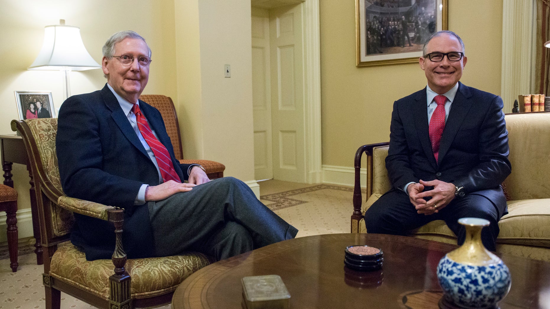 Jan. 6, 2017: Senate Majority Leader Mitch McConnell, R-Ky., left, meets with Environmental Protection Agency (EPA) Administrator-designate Scott Pruitt, right, on Capitol Hill in Washington.
