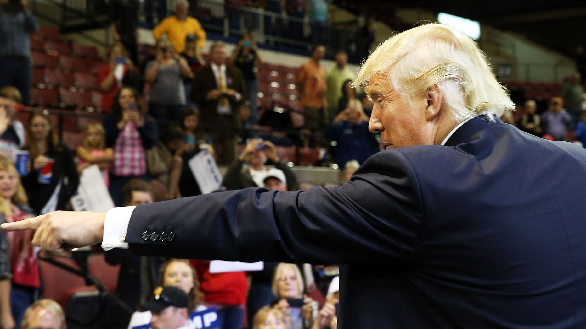 BILLINGS, MT - MAY 26: Republican presidential candidate Donald Trump waves to the crowd following a speech at a rally on May 26, 2016 in Billings, Montana. According to a delegate count released Thursday, Trump has reached the number of delegates needed to win the GOP presidential nomination. (Photo by Spencer Platt/Getty Images)