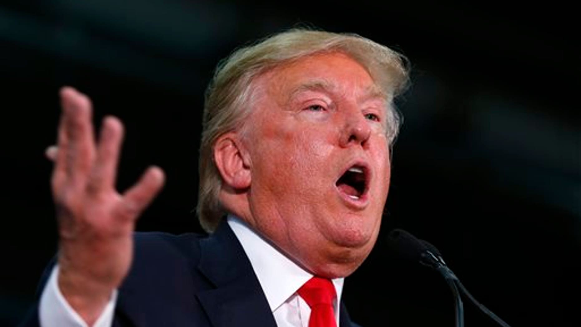 Republican presidential candidate Donald Trump speaks during a campaign event at the University of Iowa Field House, Tuesday, Jan. 26, 2016 in Iowa City, Iowa. (AP Photo/Paul Sancya)