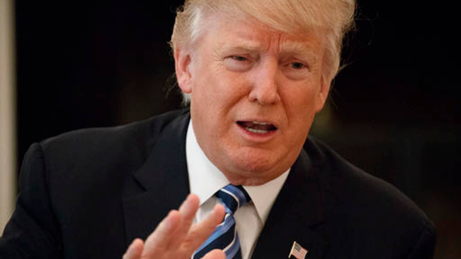 President Donald Trump speaks during a meeting with airline executives in the State Dining Room of the White House in Washington, Thursday, Feb. 9, 2017.