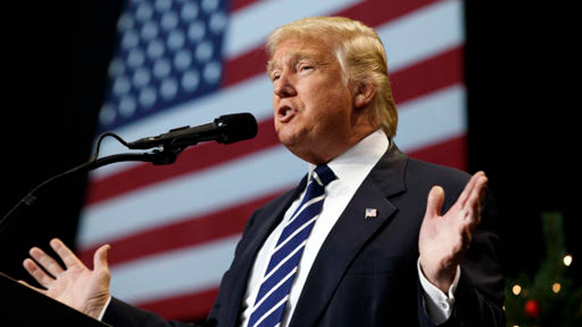 FILE -- In this Dec. 13, 2016, photo, President-elect Donald Trump speaks during a rally at the Wisconsin State Fair Exposition Center in West Allis, Wis.