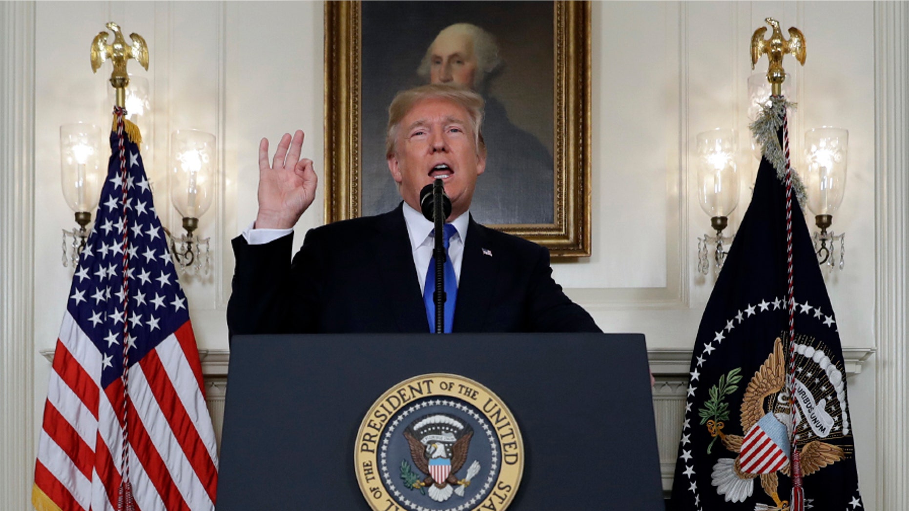 President Donald Trump speaks on Iran policy from the Diplomatic Reception Room of the White House, Friday, Oct. 13, 2017, in Washington. (AP Photo/Evan Vucci)