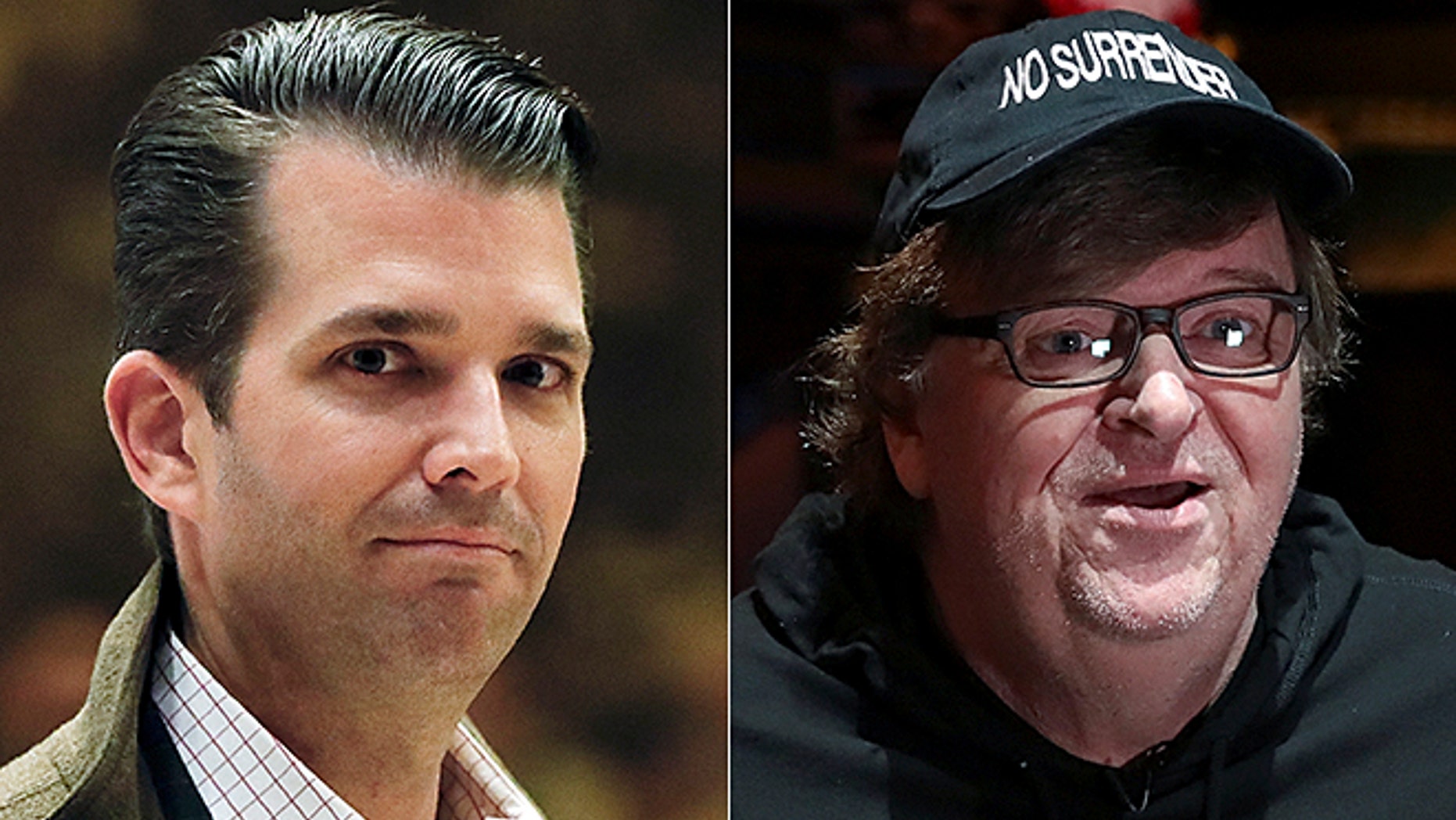 Donald Trump Jr., is seen at left (Reuters); Michael Moore at right (AP)