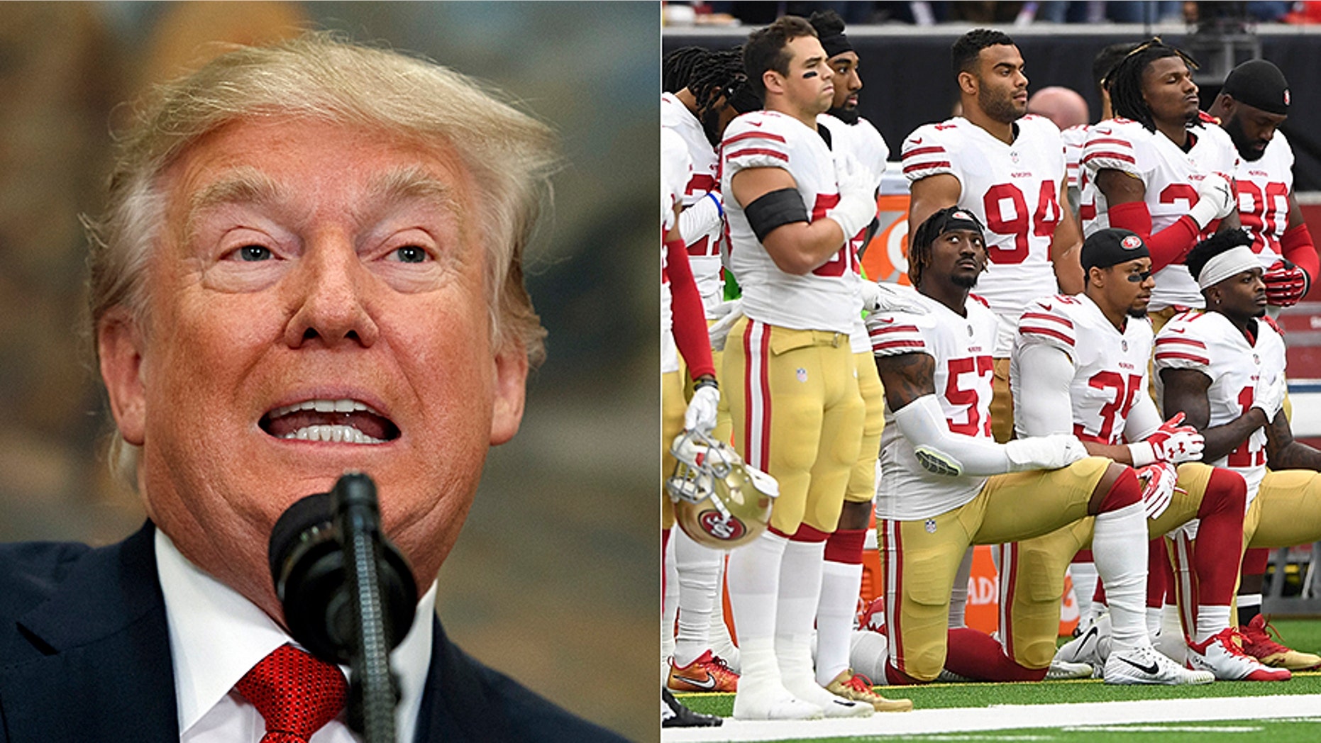 President Trump blasted NFL players, like the San Francisco 49ers, seen at right, for kneeling during the National Anthem. (AP/Reuters)