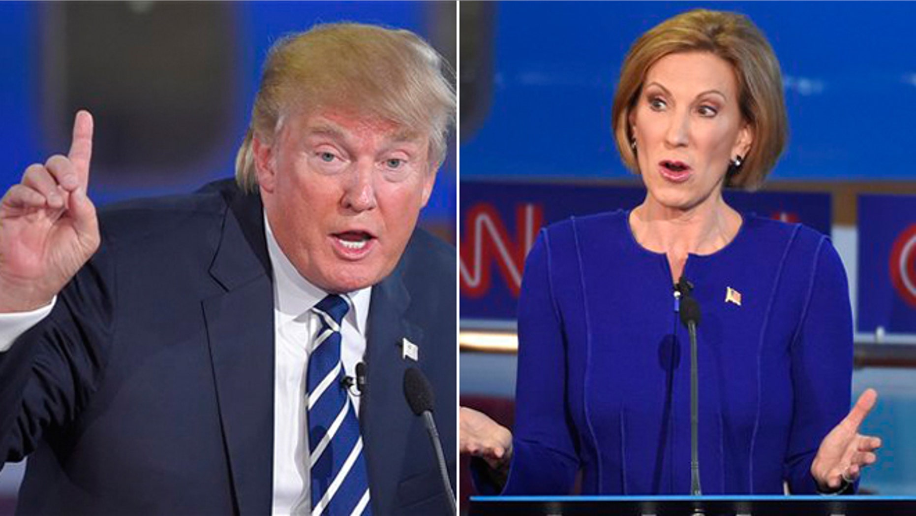 Republican presidential candidates Donald J. Trump and Carly Fiorina are shown in this AP composite.