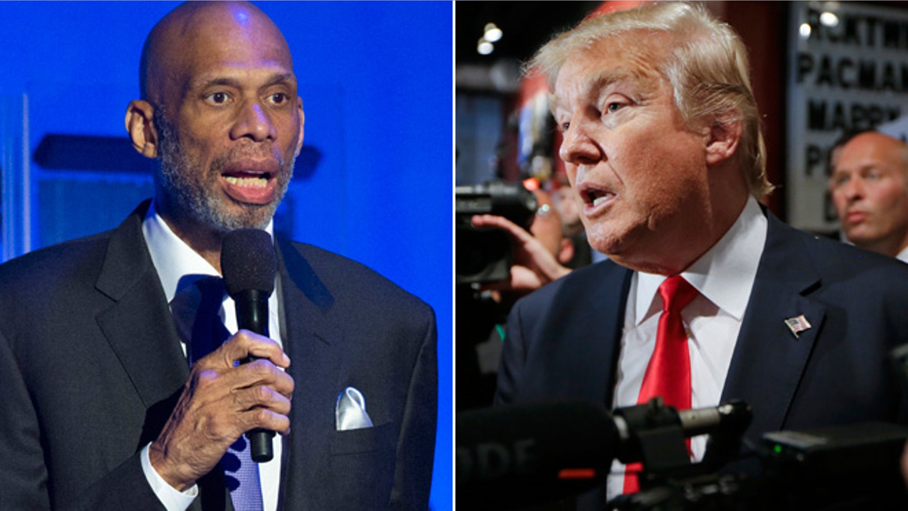 At left,Former NBA basketball player Kareem Abdul-Jabbar; at right, Republican presidential candidate Donald Trump (Reuters/AP)
