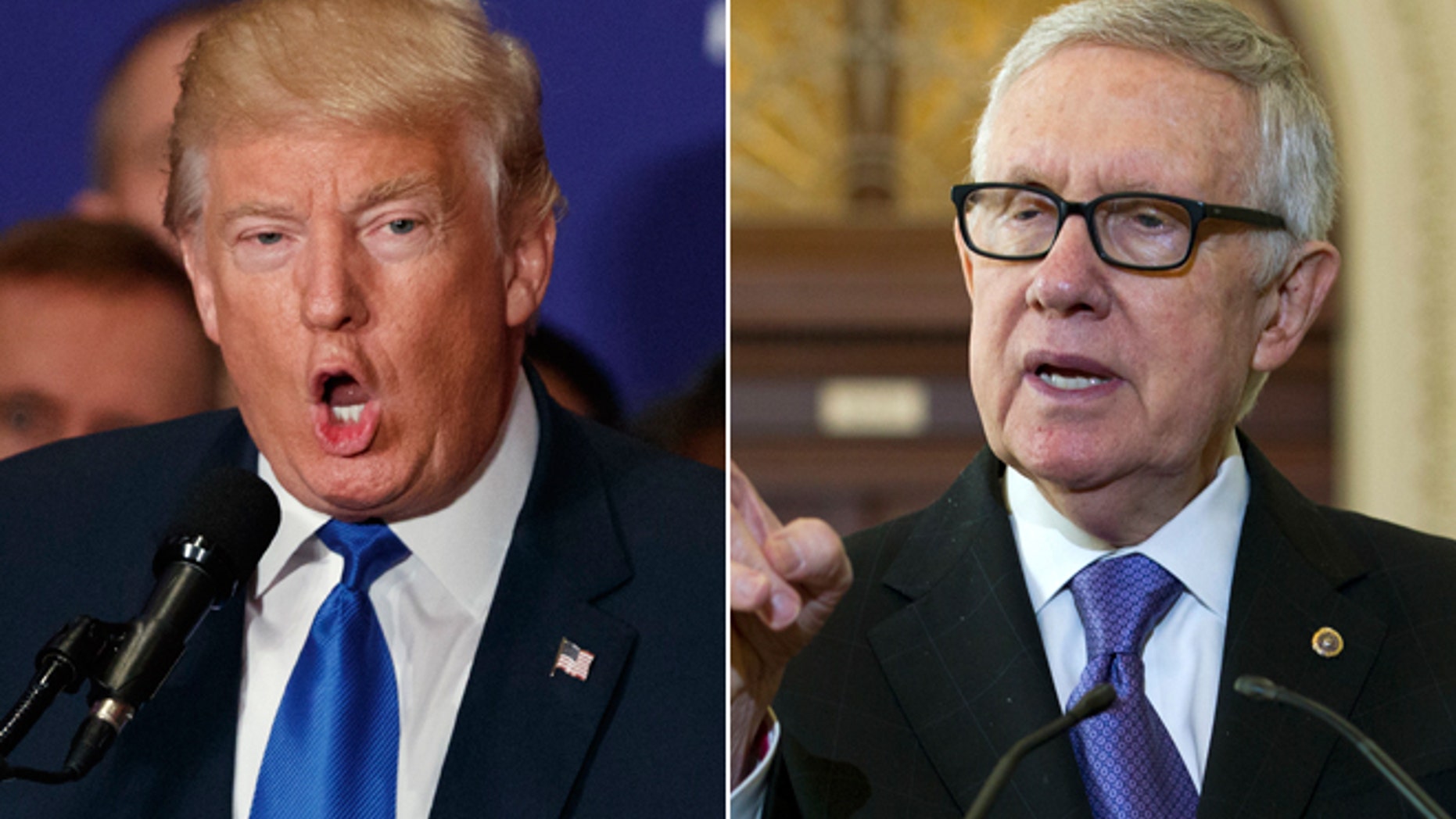 This split shows Republican presidential nominee Donald Trump, left, and Democratic Senate Leader Harry Reid, right.