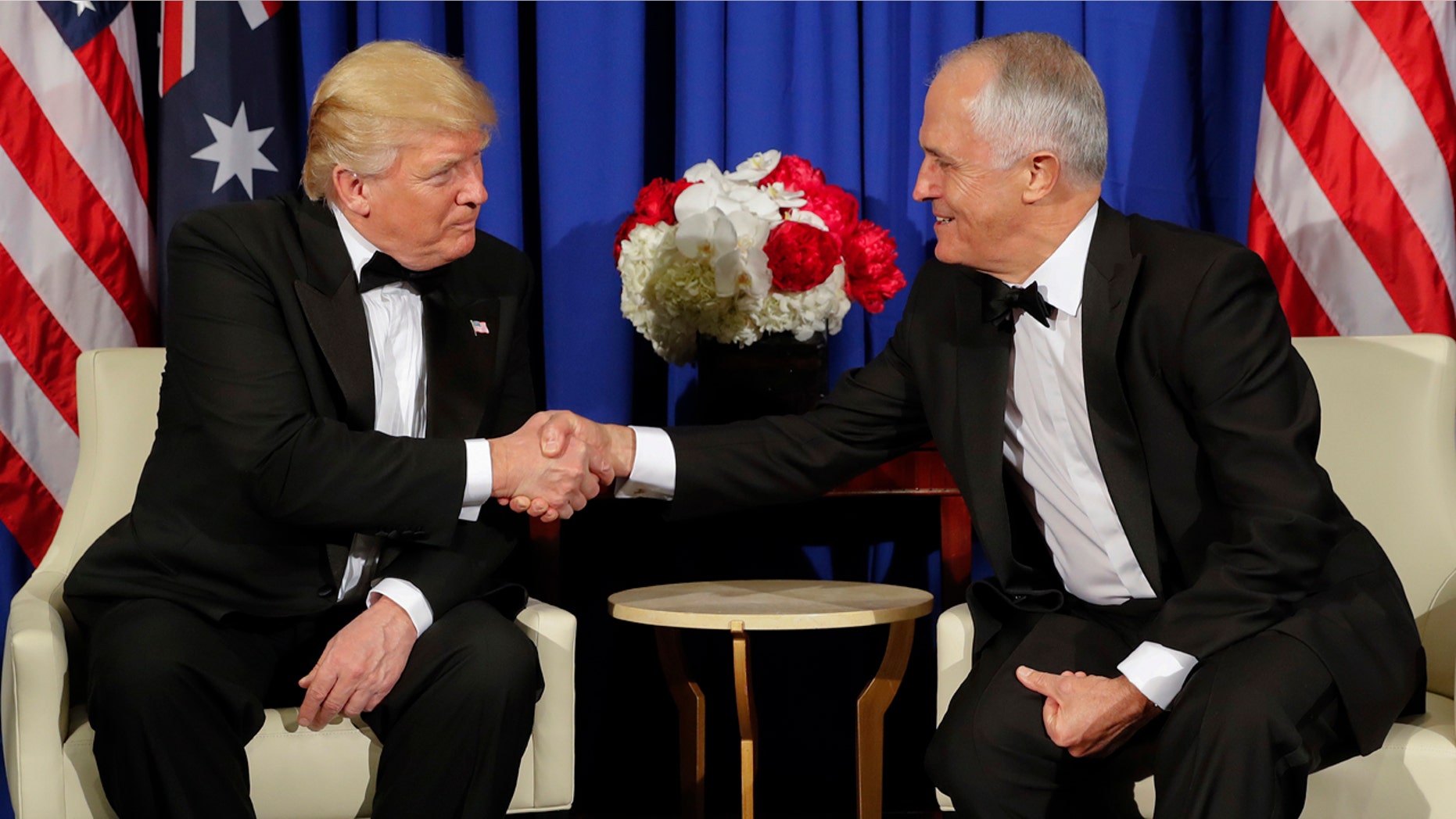 President Donald Trump and Australian Prime Minister Malcolm Turnbull shake hands during their meeting aboard the USS Intrepid, a decommissioned aircraft carrier docked in the Hudson River in New York, Thursday, May 4, 2017. (AP Photo/Pablo Martinez Monsivais)