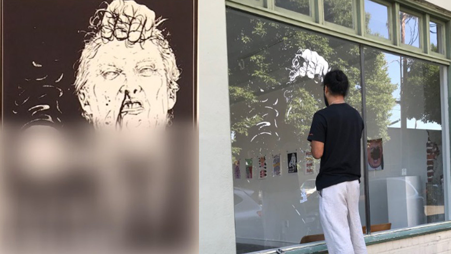 The owner of the One Grand art gallery in Portland took down a graphic image depicting President Trump with a knife to his neck with "F--- Trump" written under it.