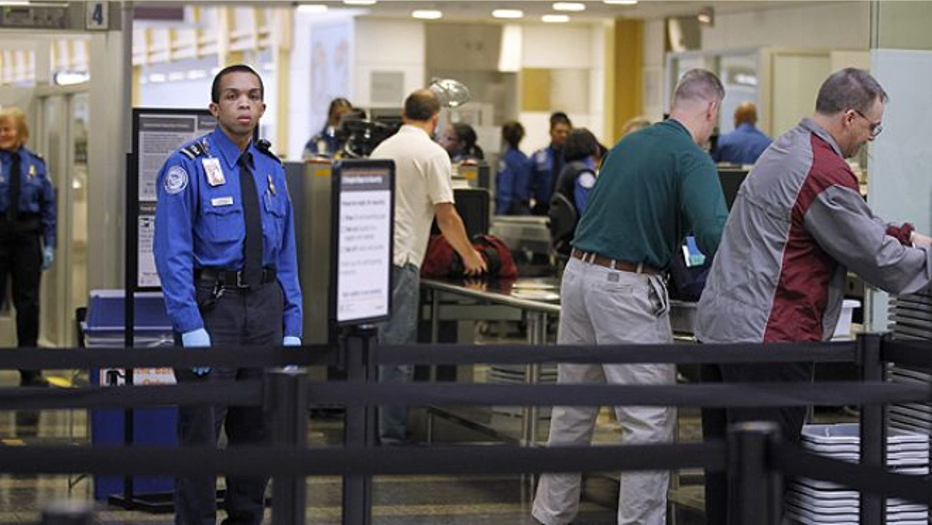 FILE: Nov. 15, 2010: TSA Transportation Security Officers, in blue uniforms, monitor airline passenger as they check-in at Washington's Ronald Reagan National Airport. Disabled travelers have filed complaints with the TSA over excessive screenings.