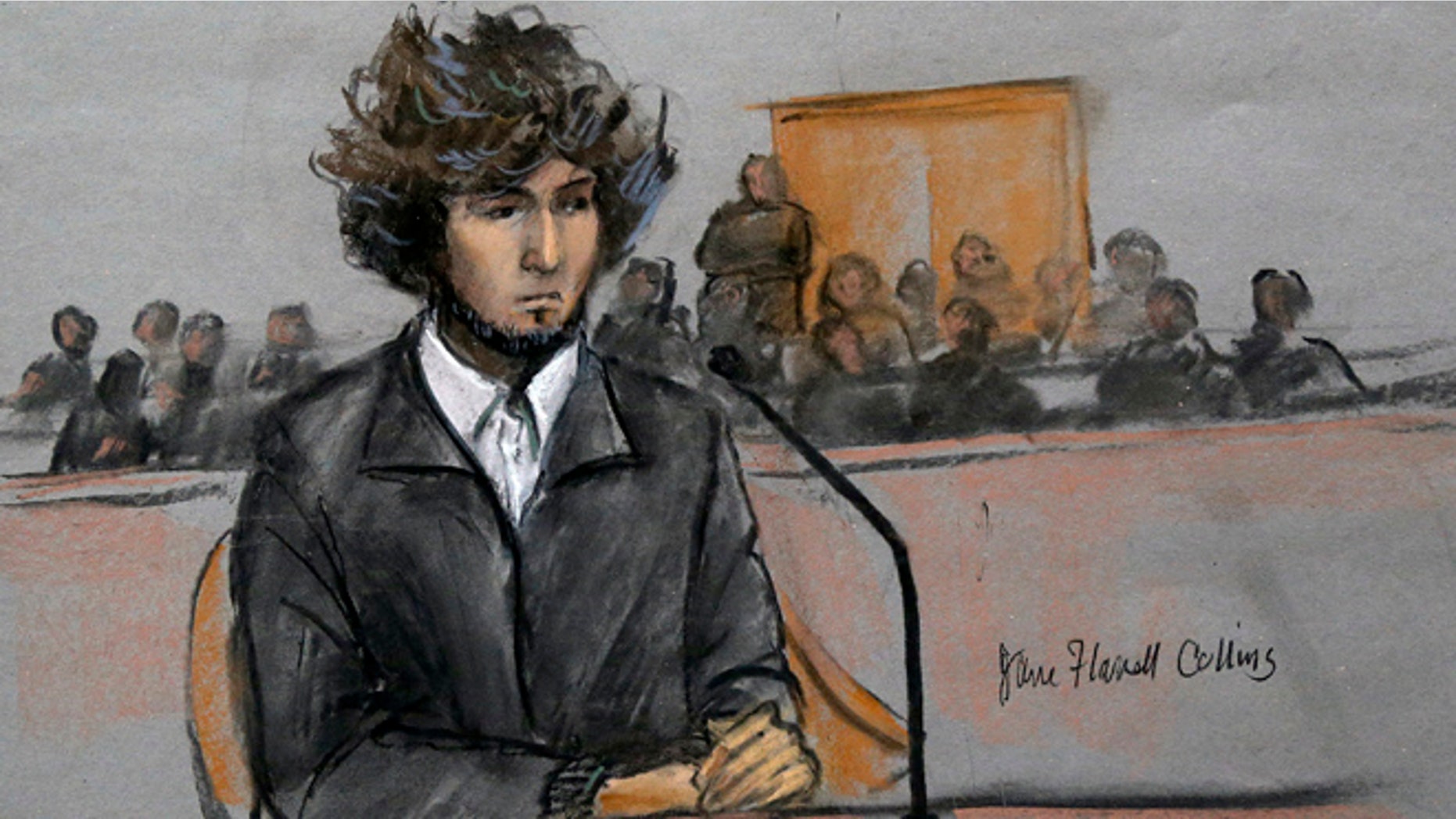 FILE - In this Dec. 18, 2014, courtroom sketch, Boston Marathon bombing suspect Dzhokhar Tsarnaev sits in federal court in Boston for a final hearing before his trial begins in January.