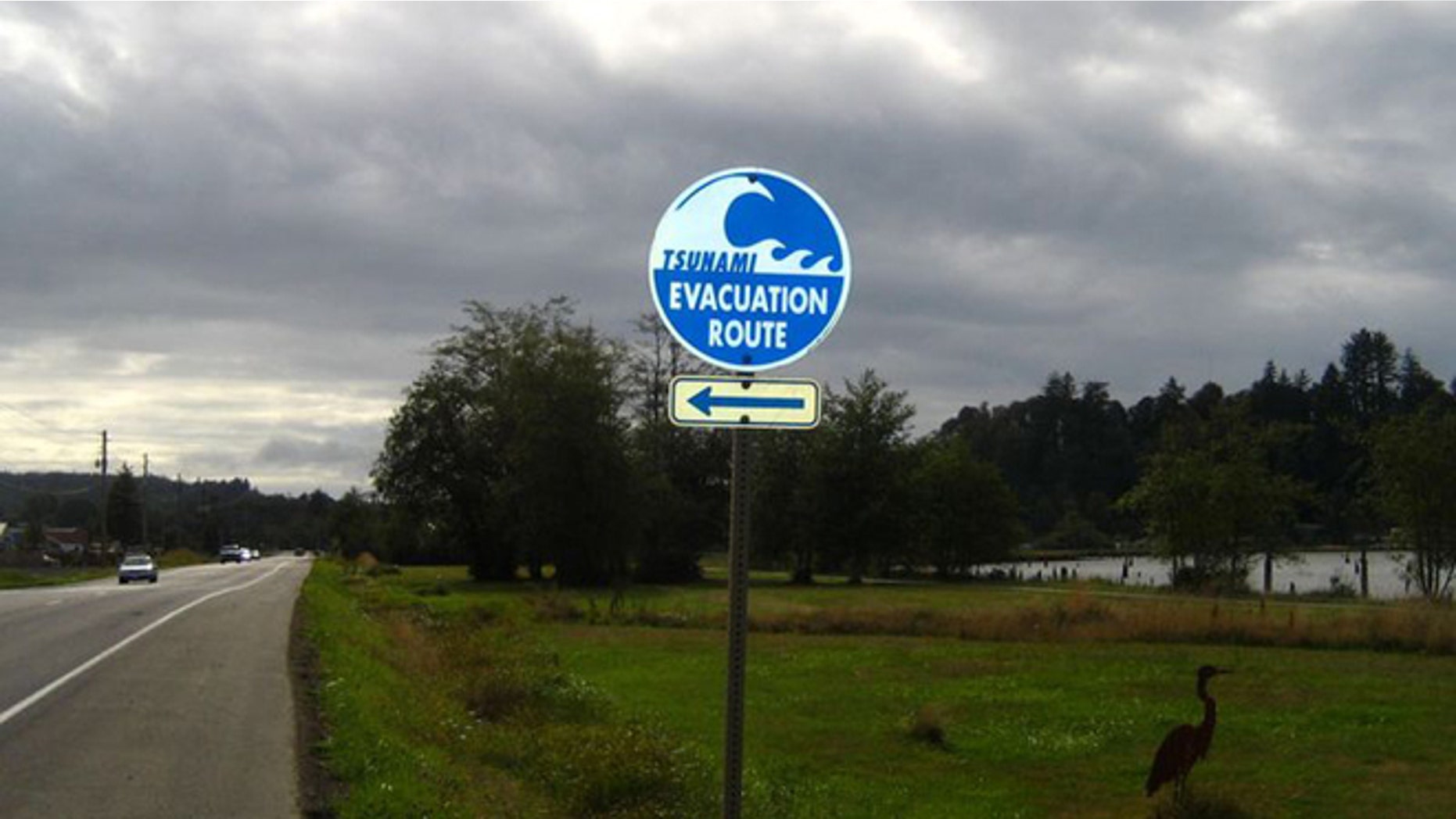 Tsunami evacuation route indicator along the coast of Oregon.