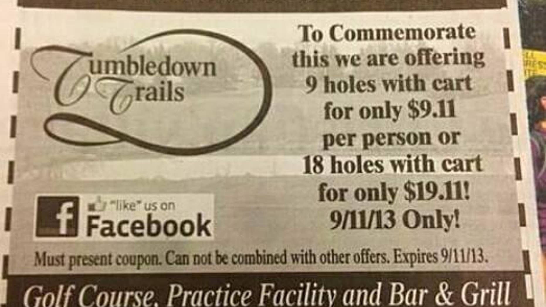 Officials at Tumbledown Trails Golf Course in Verona apologized for the tasteless pitch late Monday, offering would-be golfers “9 holes with cart for only $9.11 per person or 18 holes with cart for only $19.11!” The ad appeared earlier Monday in the Wisconsin State Journal and sparked widespread outrage online.