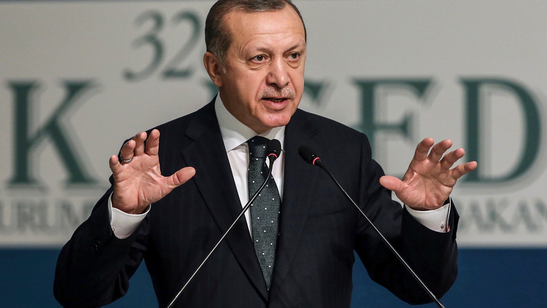 Turkey's President Recep Tayyip Erdogan addresses an annual economy and trade meeting of the Organization for Islamic Cooperation in Istanbul, Wednesday, Nov. 23, 2016.