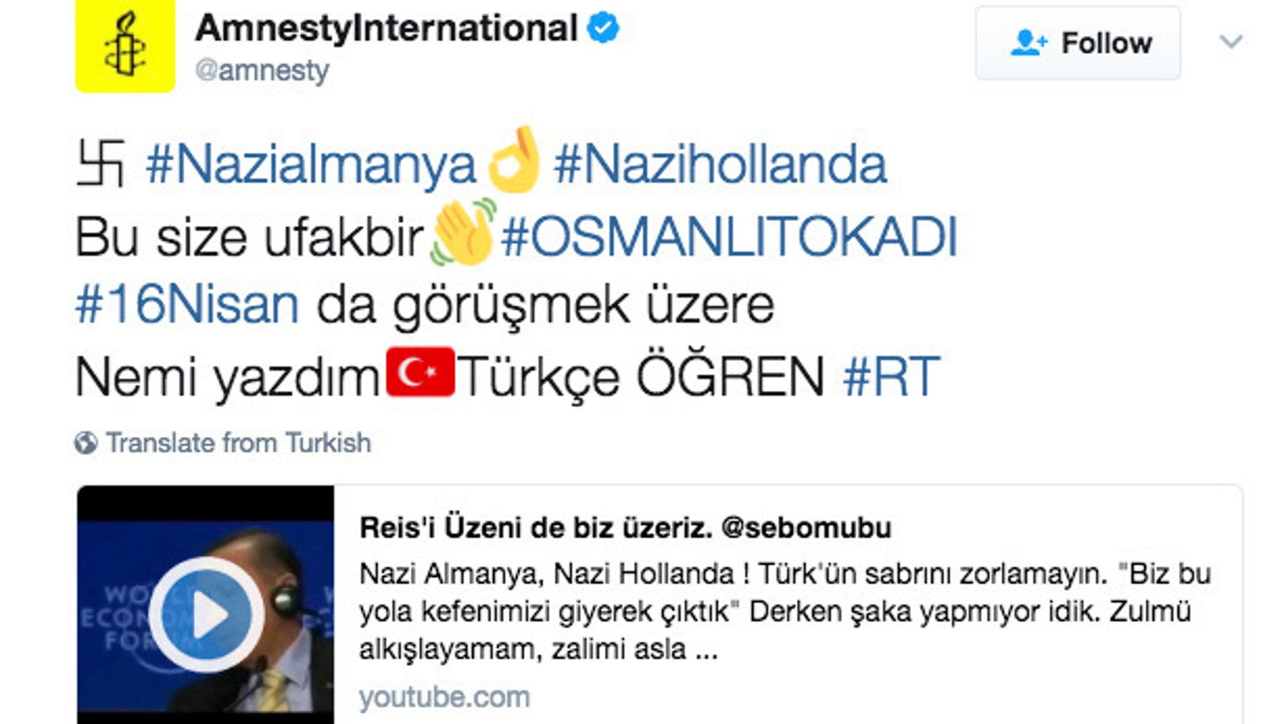 This is a screen-grab of the Amnesty International Twitter feed taken on Wednesday March 15, 2017. (AP Photo)