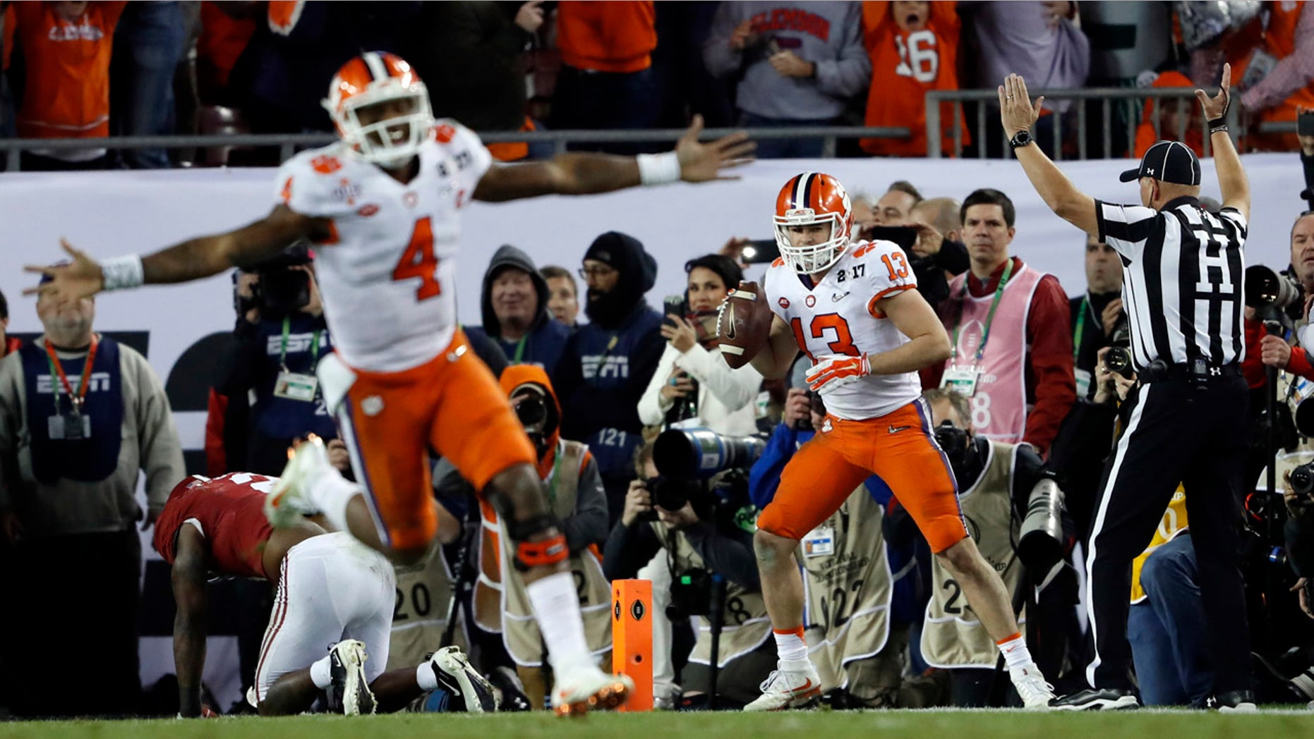 Jan. 10, 2017: Clemson's Deshaun Watson celebrates a last second touchdown pass to Hunter Renfrow (13) to win the NCAA college football playoff championship game against Alabama in Tampa, Fla.