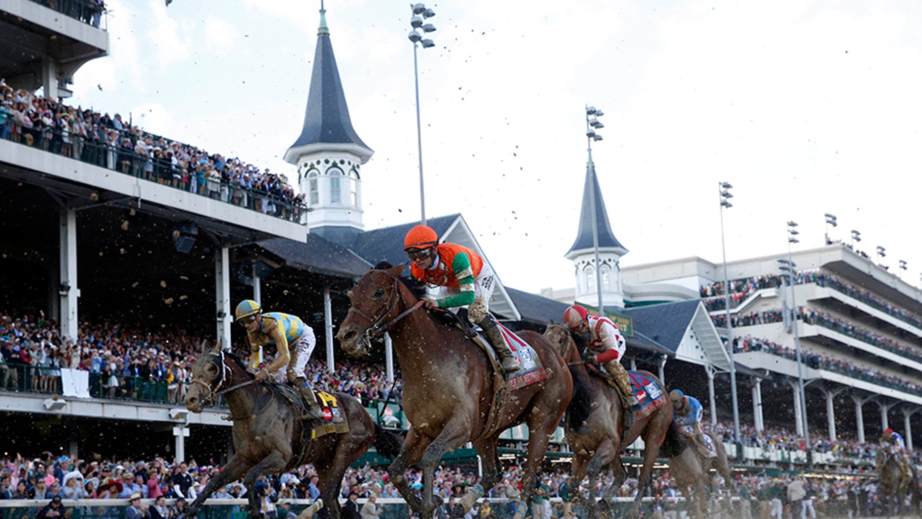 Flavien Prat aboard Battle of Midway (11) races to the finish of the 2017 Kentucky Derby at Churchill Downs.