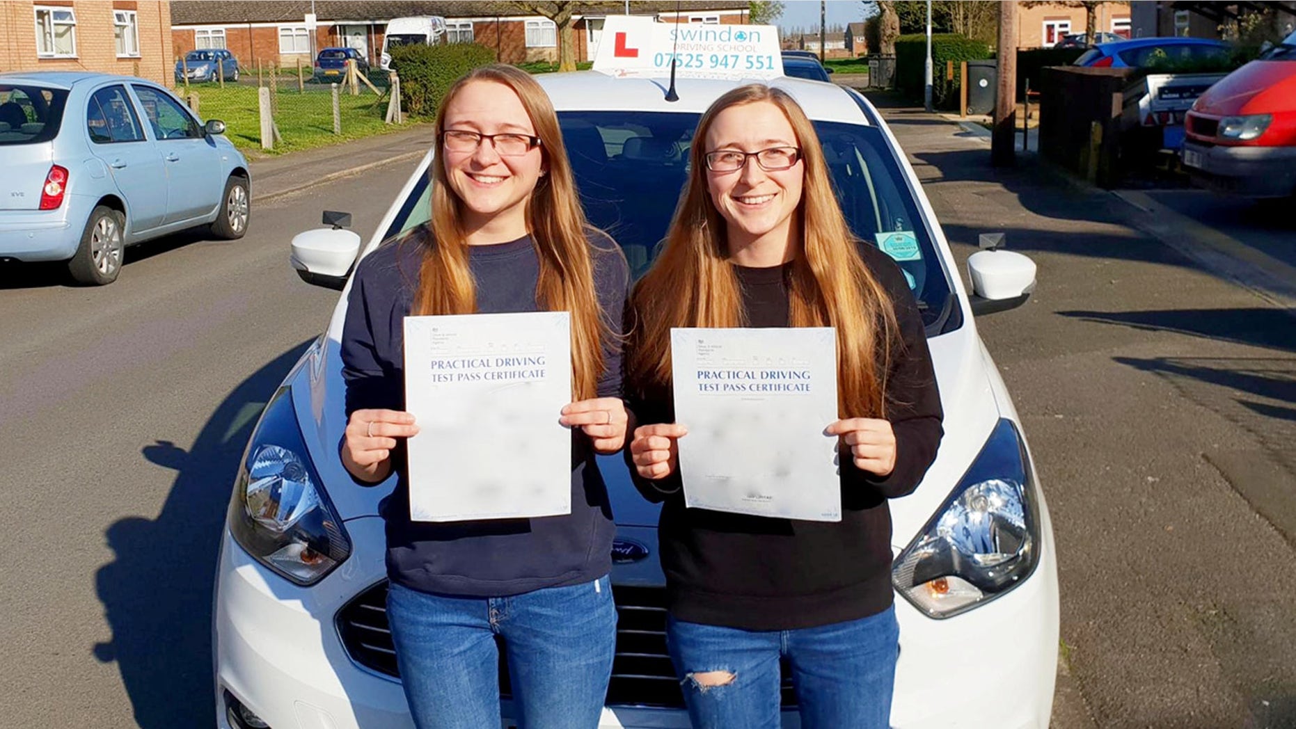 Twins Becky and Nicky Dodson passed their driving test on the same day. Twin sisters are celebrating after both passing their driving tests - on the same day. See SWNS story SWTWINS. The pair even stuck to the traditional order - with first-born Becky Dodson passing hours before her sister. The 24-year-olds faced adversity when Man United fan Nicky dislocated her shoulder six days before the test - celebrating a winning goal in the Manchester derby. And even the date - Friday, April 13 - was a bad omen they were unfazed by. Nicky and Becky of Swindon, Wilts, both bought 2016 plate Peugeot 208s after passing their test and drove to work for the first time today. Dad Melvyn, 55, said the girls "share each other's pain and joy" and "leapt into each other's arms" after learning they'd both passed. The twins, who were born eight weeks premature, work for a firm which supplies wiring for other businesses. They even started on the same day.