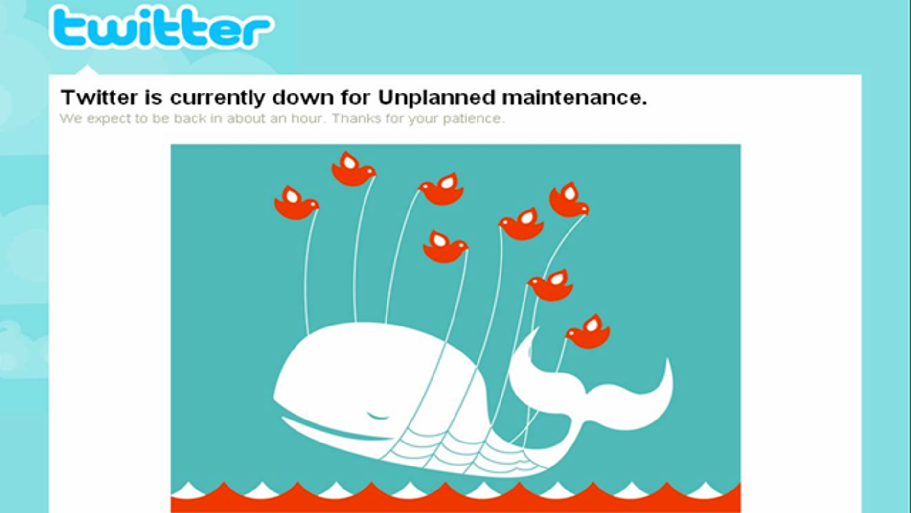 A familiar site for many Twitter users: the site's so called "Fail Whale," posted when there is a service disruption or the site is over capacity.
