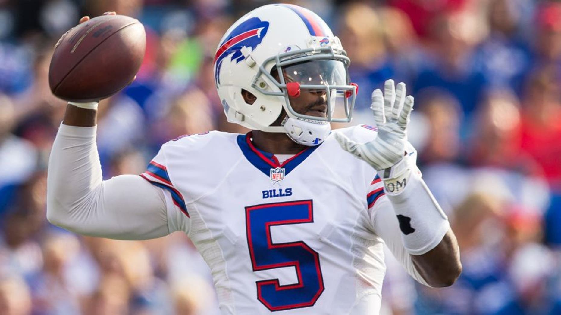ORCHARD PARK, NY - AUGUST 29: Tyrod Taylor #5 of the Buffalo Bills throws the ball during a preseason game against the Pittsburgh Steelers on August 29, 2015 at Ralph Wilson Stadium in Orchard Park, New York. Buffalo defeats Pittsburgh 43-19. (Photo by Brett Carlsen/Getty Images)