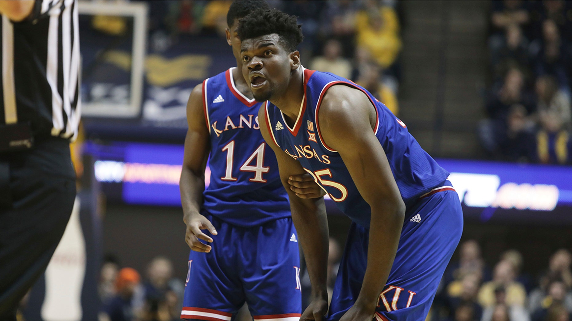 Kansas center Udoka Azubuike reacts after being called for a technical foul during the first half of a game against West Virginia.