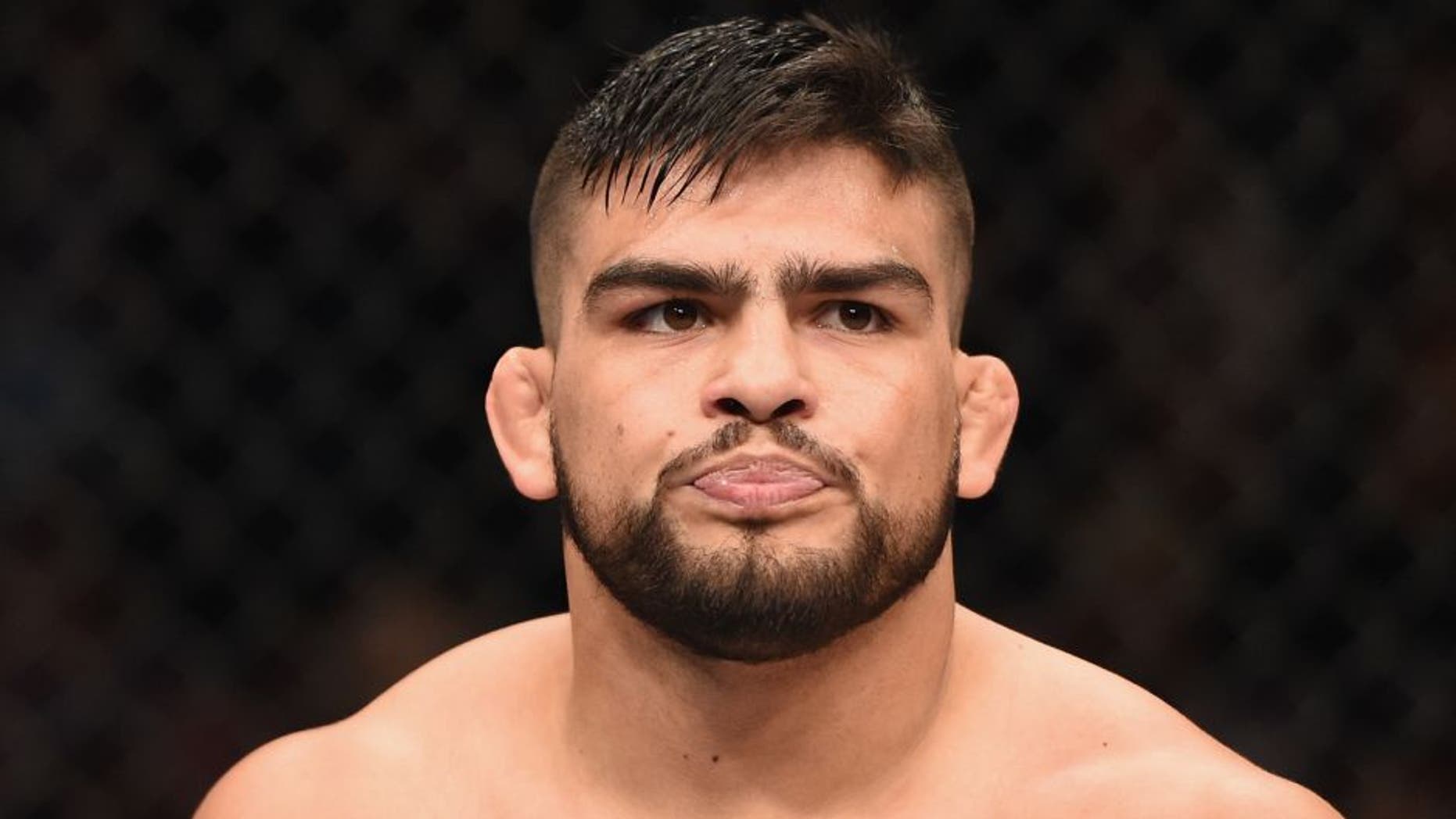 LAS VEGAS, NV - JANUARY 31: Kelvin Gastelum prepares to face Tyron Woodley in their welterweight bout during the UFC 183 event at the MGM Grand Garden Arena on January 31, 2015 in Las Vegas, Nevada. (Photo by Josh Hedges/Zuffa LLC/Zuffa LLC via Getty Images)