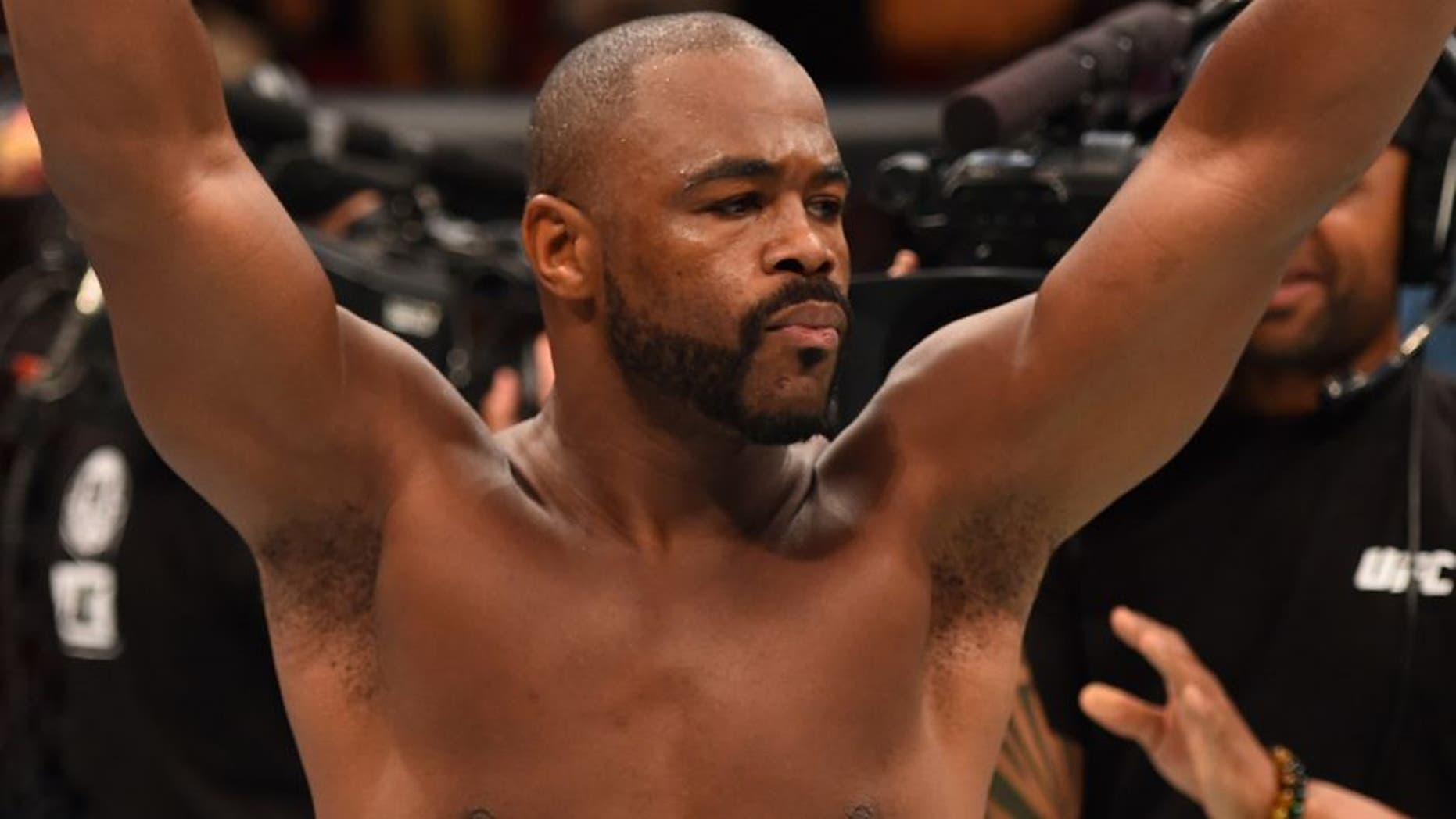 HOUSTON, TX - OCTOBER 03: Rashad Evans enters the Octagon before facing Ryan Bader in their light heavyweight bout during the UFC 192 event at the Toyota Center on October 3, 2015 in Houston, Texas. (Photo by Josh Hedges/Zuffa LLC/Zuffa LLC via Getty Images)