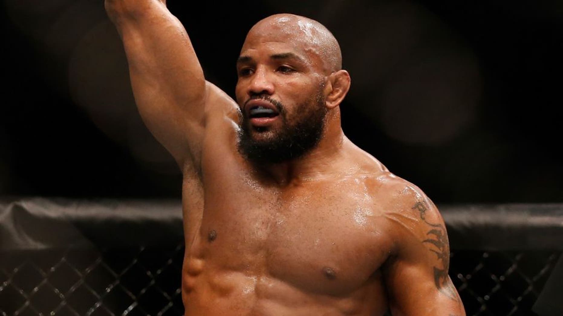 LAS VEGAS, NV - DECEMBER 12: Yoel Romero of Cuba reacts to his victory over Ronaldo 'Jacare' Souza of Brazil in their middleweight bout during the UFC 194 event inside MGM Grand Garden Arena on December 12, 2015 in Las Vegas, Nevada. (Photo by Christian Petersen/Zuffa LLC/Zuffa LLC via Getty Images)