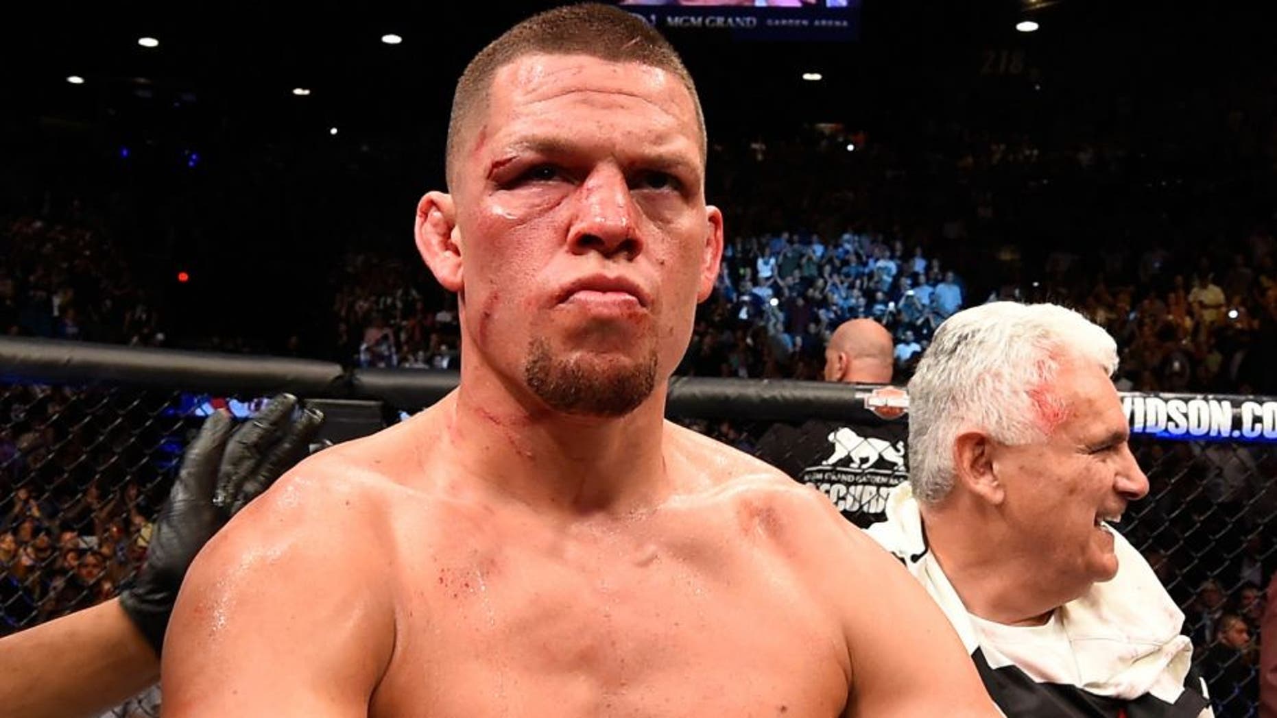 LAS VEGAS, NV - MARCH 05: Nate Diaz reacts to his victory over Conor McGregor of Ireland in their welterweight bout during the UFC 196 event inside MGM Grand Garden Arena on March 5, 2016 in Las Vegas, Nevada. (Photo by Josh Hedges/Zuffa LLC/Zuffa LLC via Getty Images)