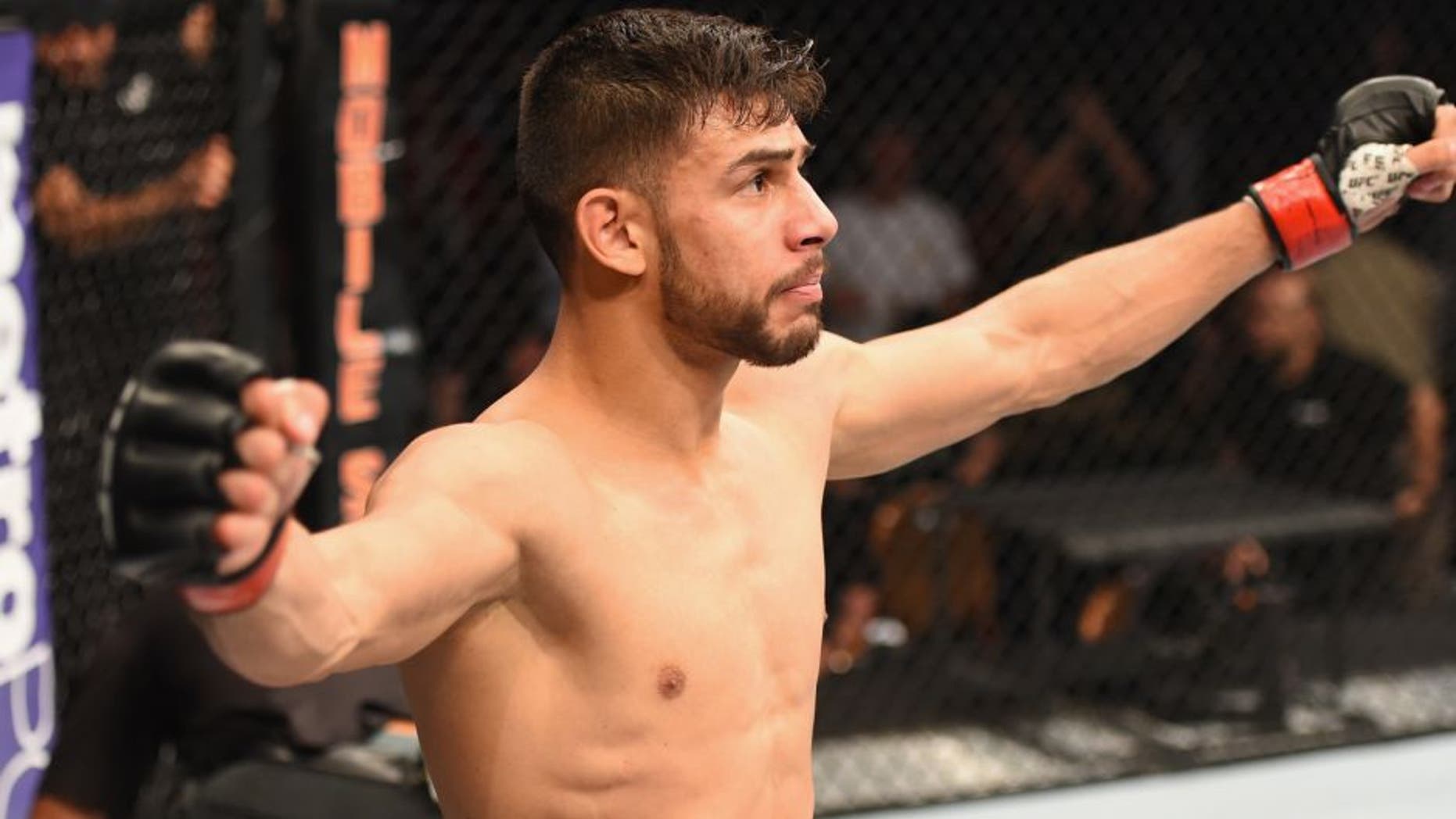 LAS VEGAS, NV - APRIL 23: Yair Rodriguez of Mexico celebrates his knockout victory over Andre Fili in their featherweight bout during the UFC 197 event inside MGM Grand Garden Arena on April 23, 2016 in Las Vegas, Nevada. (Photo by Josh Hedges/Zuffa LLC/Zuffa LLC via Getty Images)