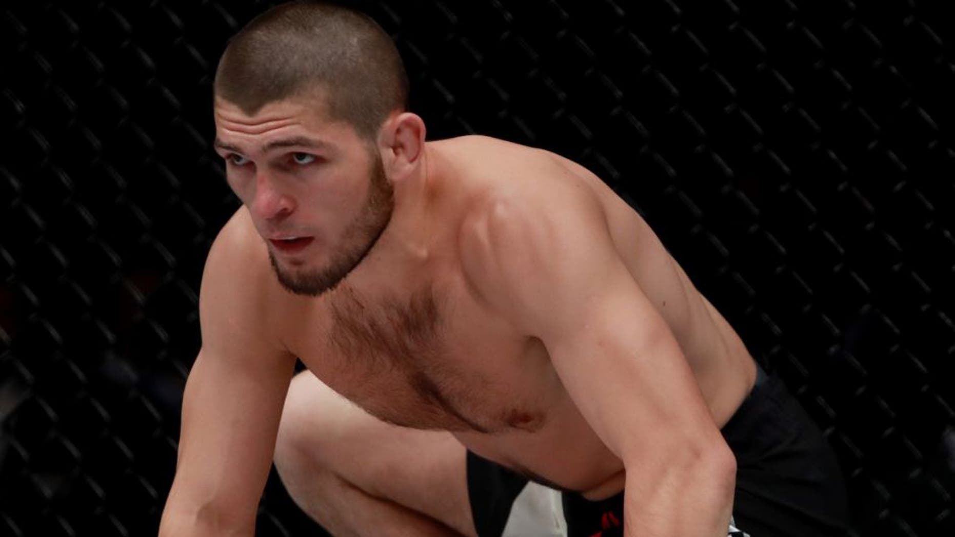 NEW YORK, NY - NOVEMBER 12: Khabib Nurmagomedov of Russia reacts against Michael Johnson of the United States in their lightweight bout during the UFC 205 event at Madison Square Garden on November 12, 2016 in New York City. (Photo by Michael Reaves/Getty Images )