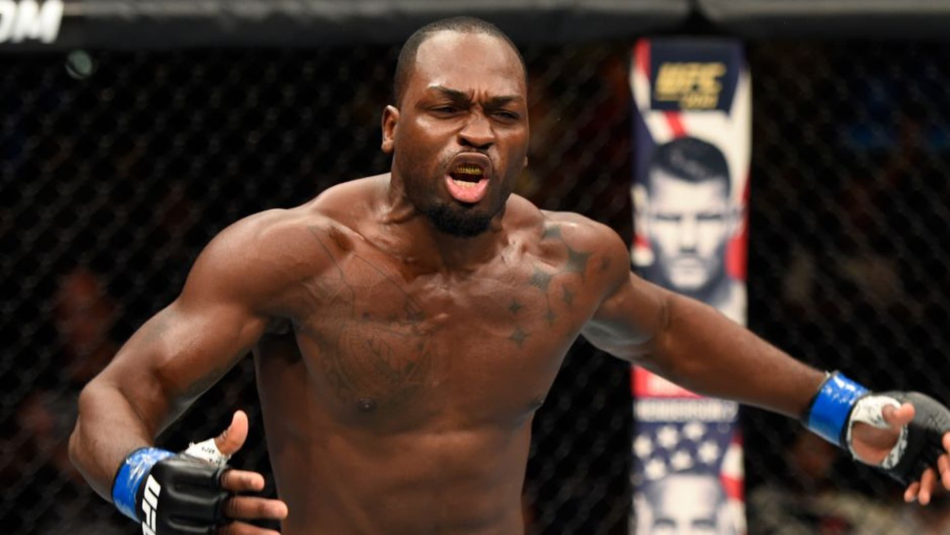 HIDALGO, TX - SEPTEMBER 17: Derek Brunson celebrates his knockout victory over Uriah Hall of Jamaica in their middleweight bout during the UFC Fight Night event at State Farm Arena on September 17, 2016 in Hidalgo, Texas. (Photo by Josh Hedges/Zuffa LLC/Zuffa LLC via Getty Images)