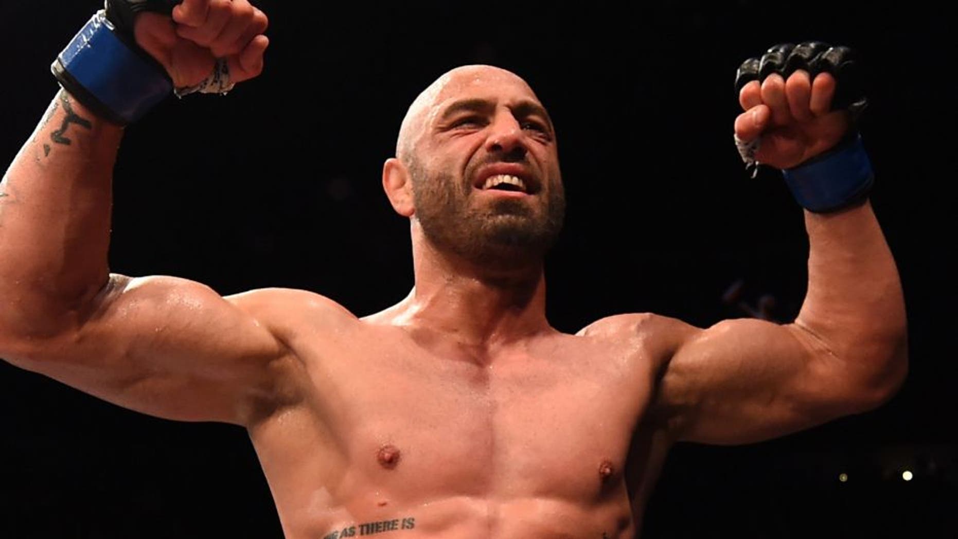 SAN DIEGO, CA - JULY 15: Manny Gamburyan celebrates his victory over Scott Jorgensen in their flyweight bout during the UFC event at the Valley View Casino Center on July 15, 2015 in San Diego, California. (Photo by Jeff Bottari/Zuffa LLC/Zuffa LLC via Getty Images)