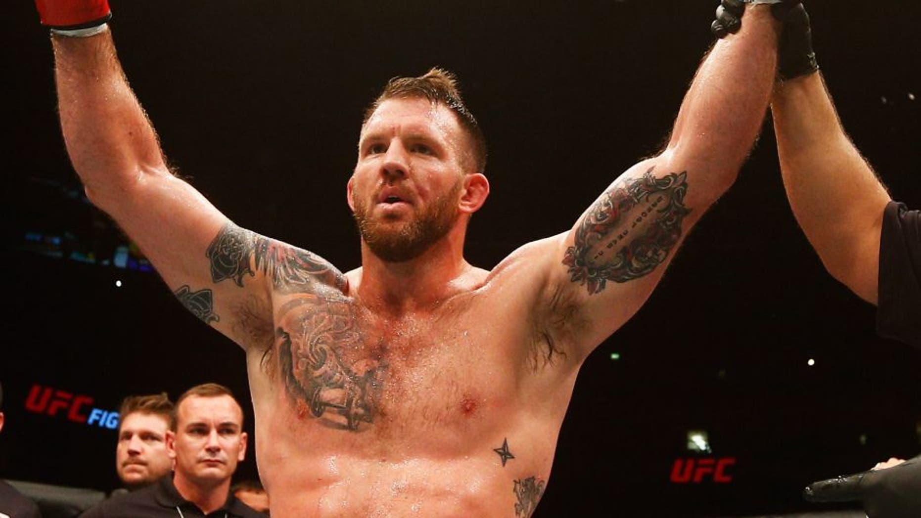 HAMBURG, GERMANY - SEPTEMBER 03: Ryan Bader of the USA celebrates his knockout victory over Ilir Latifi of Sweden after in their Light Heavyweight Bout during the UFC Fight Night held at Barclaycard Arena on September 3, 2016 in Hamburg, Germany. (Photo by Dean Mouhtaropoulos/Zuffa LLC/Zuffa LLC via Getty Images)