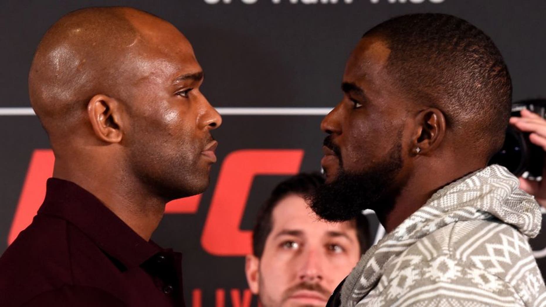 LONDON, ENGLAND - MARCH 16: (L-R) Opponents Jimi Manuwa of England and Corey Anderson face off during the UFC Ultimate Media Day at Glaziers Hall on March 16, 2017 in London, England. (Photo by Josh Hedges/Zuffa LLC/Zuffa LLC via Getty Images)