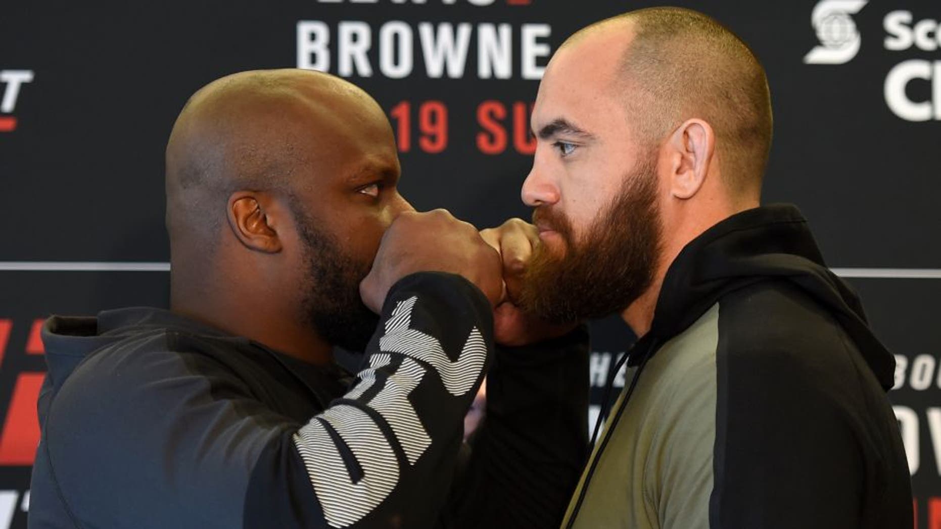 HALIFAX, NS - FEBRUARY 17: (L-R) Opponents Derrick Lewis and Travis Browne face off during the UFC Ultimate Media Day at the Halifax Marriott Harbourfront on February 17, 2017 in Halifax, Nova Scotia, Canada. (Photo by Josh Hedges/Zuffa LLC/Zuffa LLC via Getty Images)