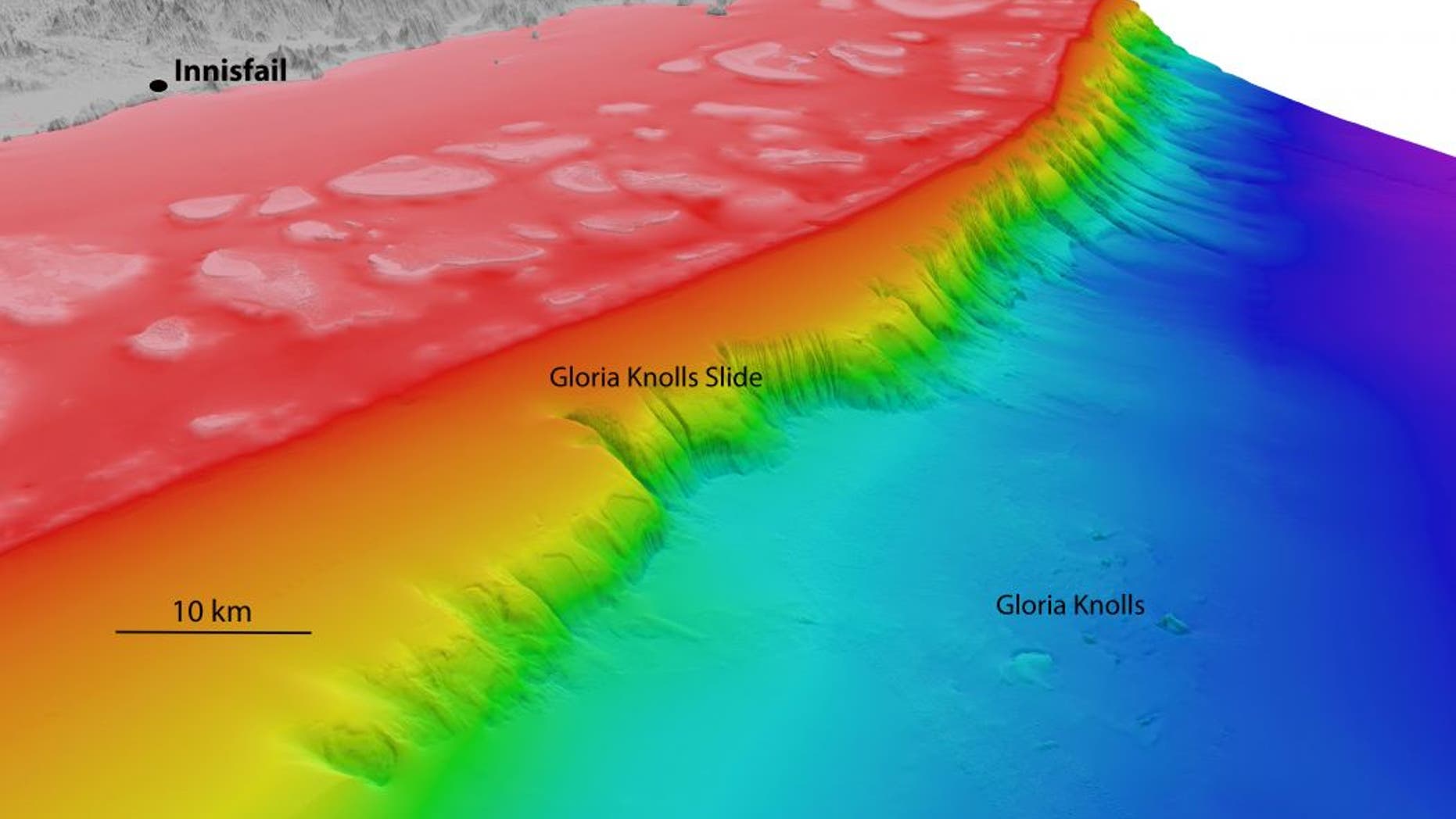 North-westerly view of the Gloria Knolls Slide and Gloria Knolls off Innisfail. Depths are coloured red (shallow) to blue (deep), over a depth range of about 5,577 feet. (Image: www.deepreef.org)