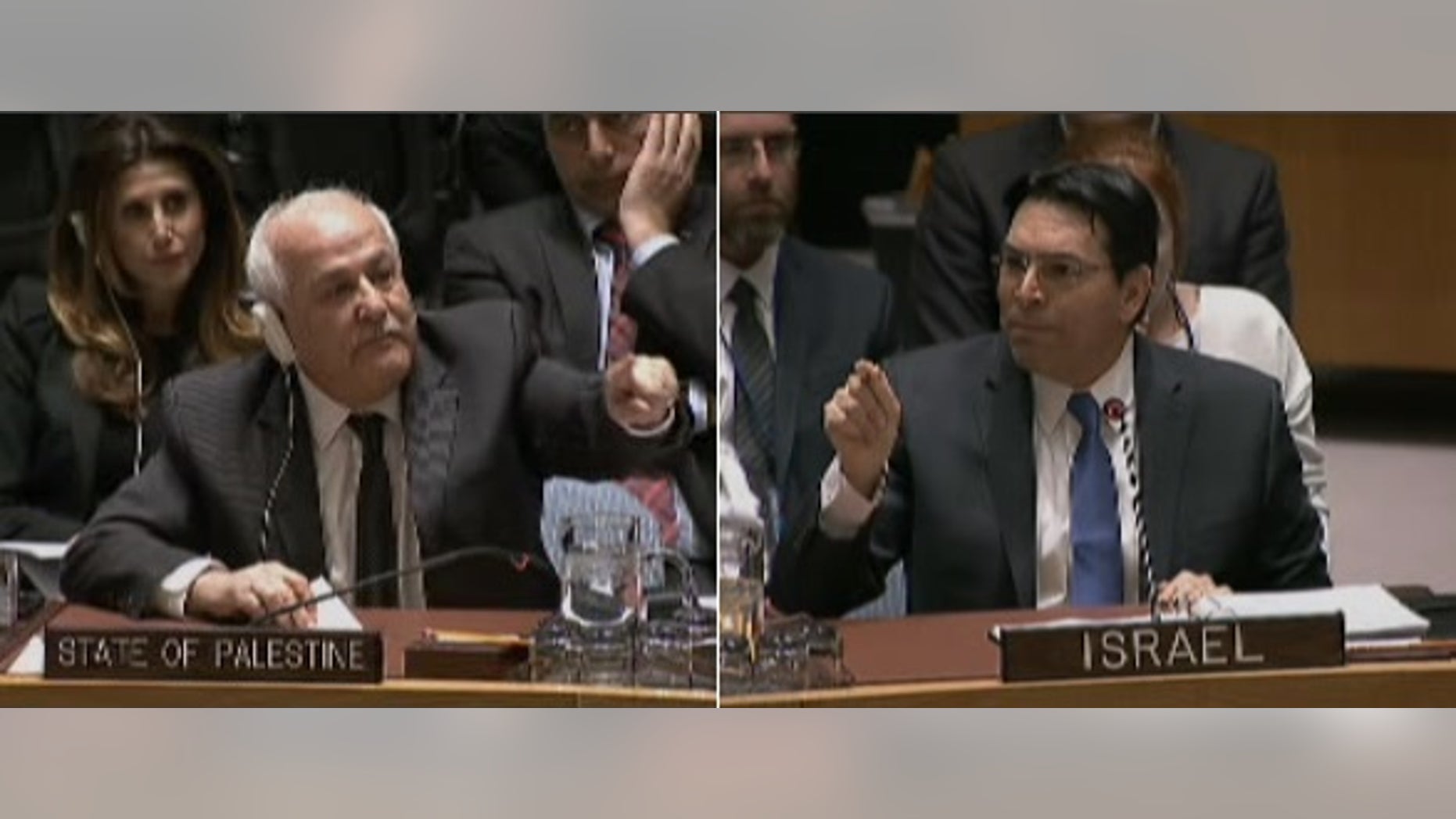 Palestinian ambassador Riyad Mansour, left, and Israeli Ambassador Danny Danon.