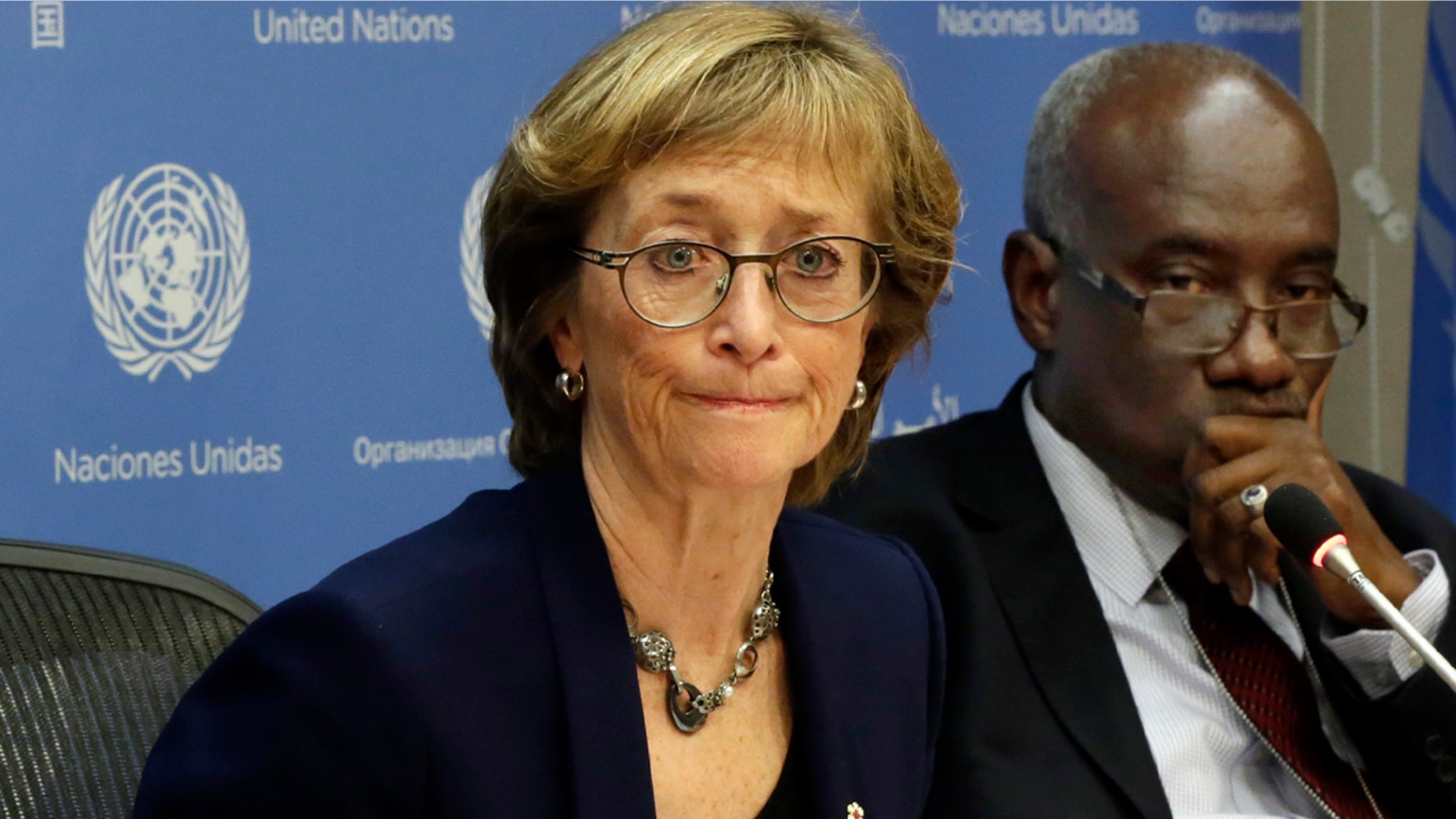 Dec. 17, 2015: Canadian judge Marie Deschamps, left, chair of the Independent Review Panel on UN Response to Allegations of Sexual Abuse by Foreign Military Forces in the Central African Republic, is joined by panel member Hassan Jallow at a news conference. (AP Photo/Richard Drew)