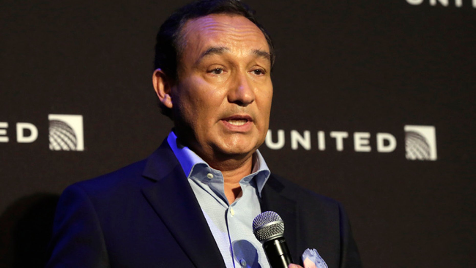 FILE - In this Thursday, June 2, 2016 file photo, United Airlines CEO Oscar Munoz delivers remarks in New York. United Airlines said Friday, April 21, 2017, that its CEO Munoz won't add the title of chairman in 2018 as planned, as fallout continues from the violent removal of a passenger from a plane this month. (AP Photo/Richard Drew, File)