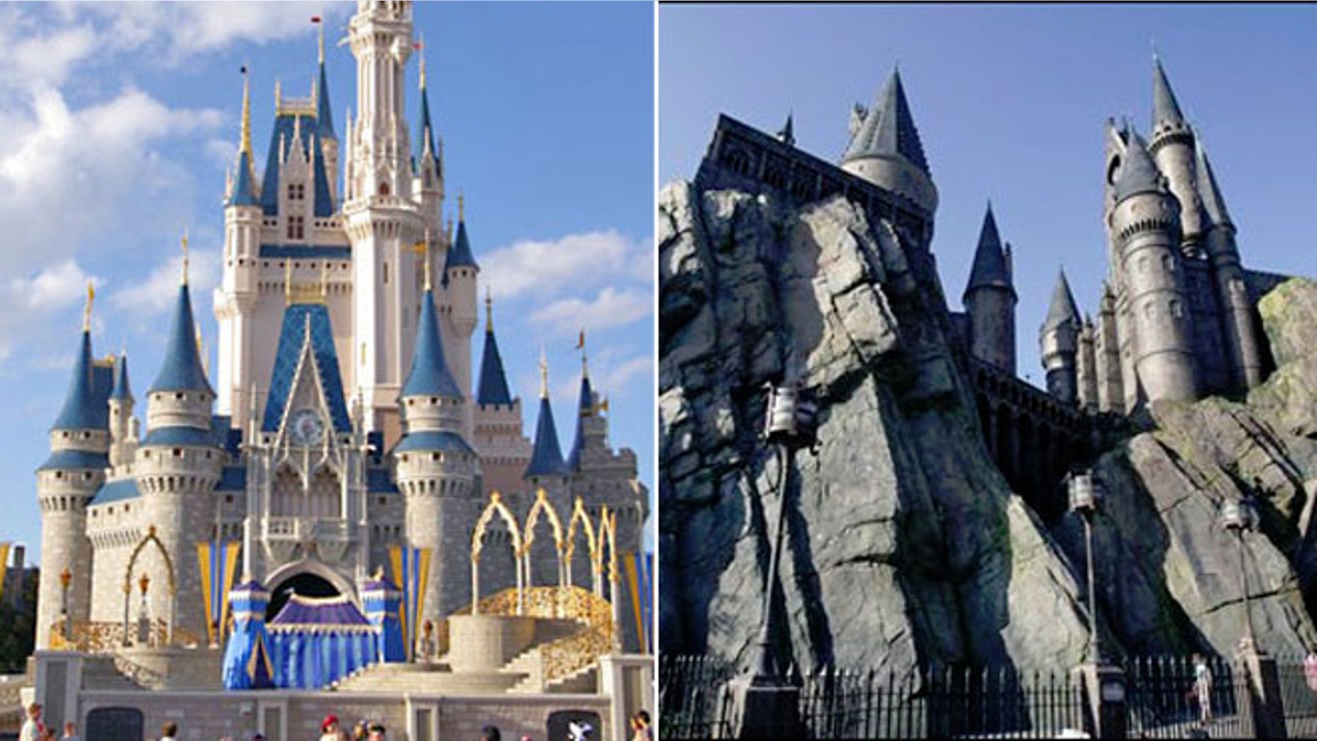 Cinderella Castle at Walt Disney World and Hogwarts Castle at The Wizarding World of Harry Potter at Universal Orlando theme park