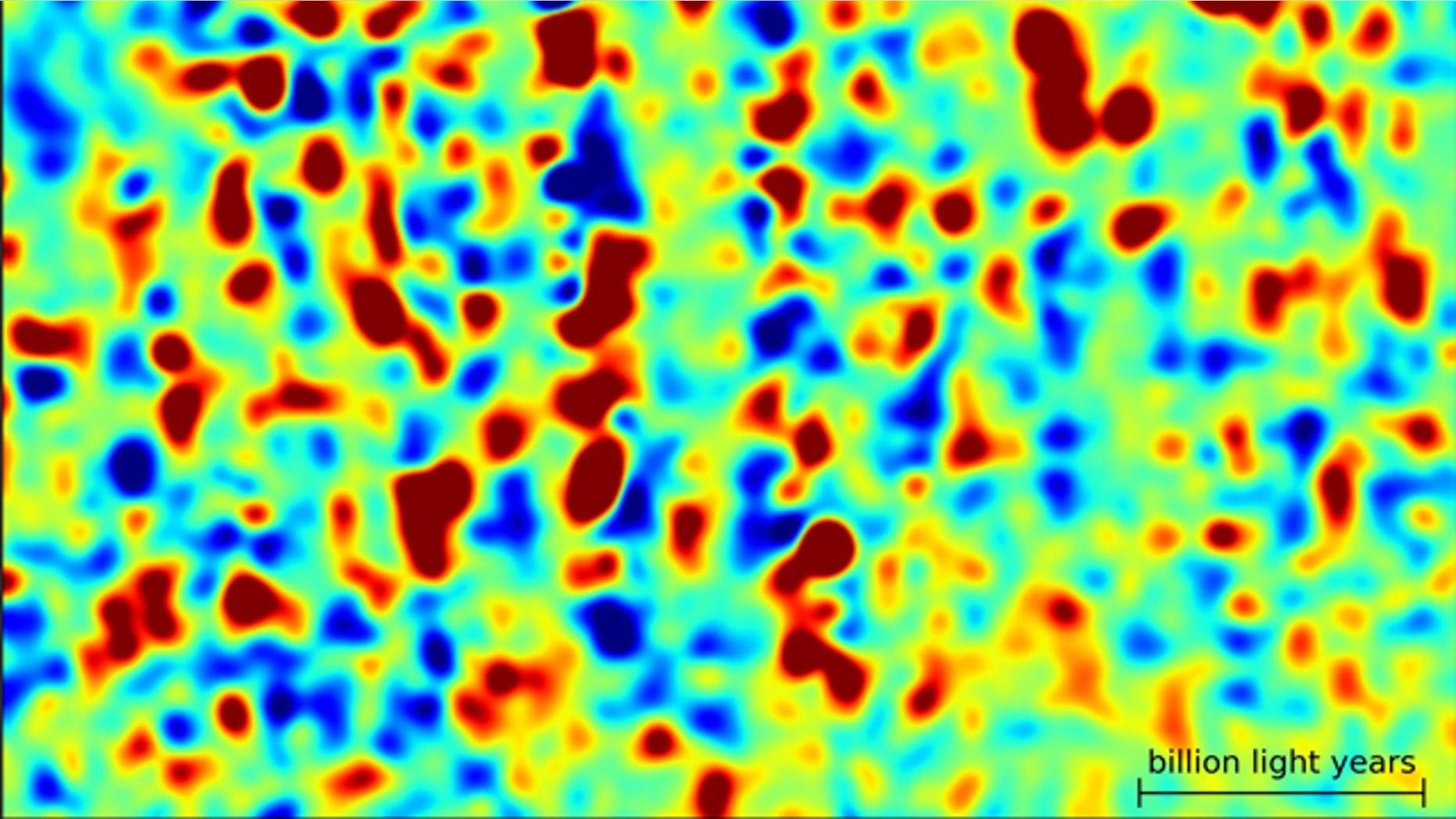 A zoomed-in view of a slice of the three-dimensional map of the universe. Red areas have more gas; blue areas have less gas. The black scale bar in the bottom right measures 1 billion light-years.
