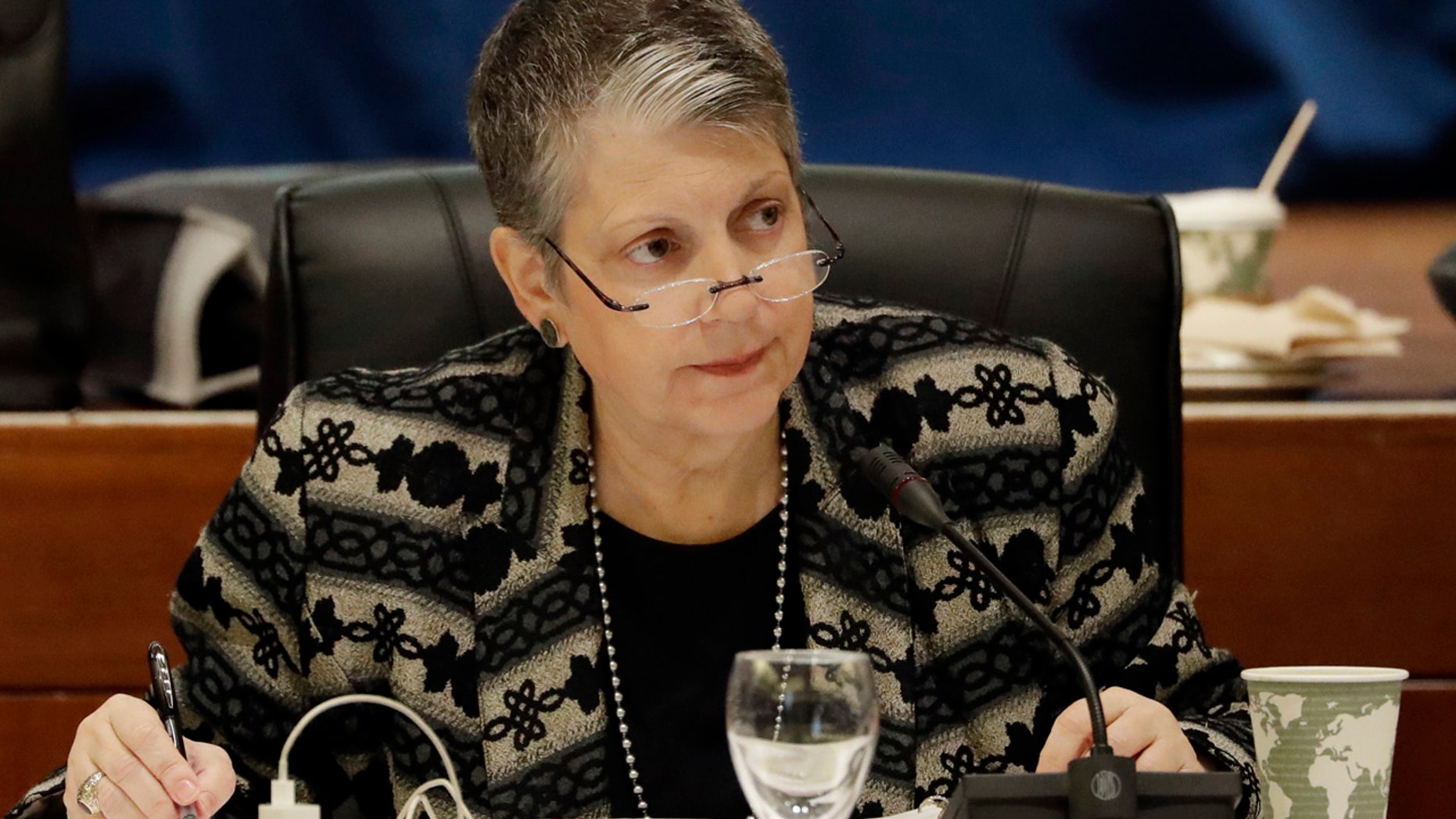FILE - In this Wednesday, Jan. 25, 2017 file photo, University of California President Janet Napolitano attends a University of California Board of Regents meeting, in San Francisco.